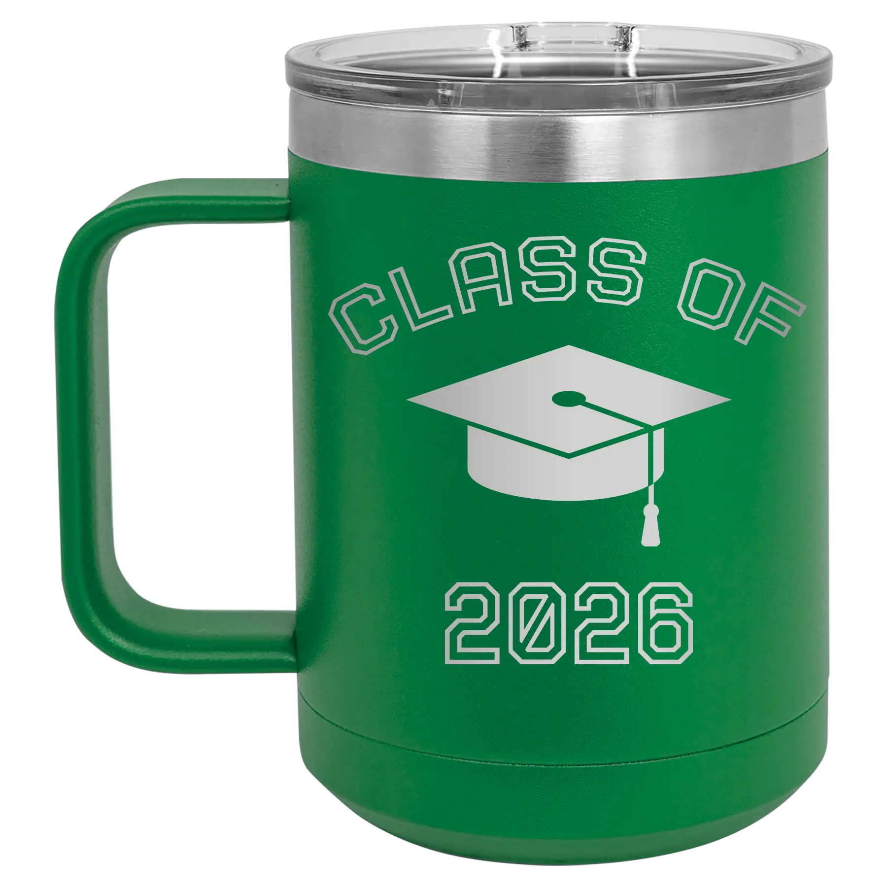 Personalized green 15 oz vacuum insulated coffee mug with 'Class of with Cap' design