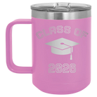 Personalized light purple 15 oz vacuum insulated coffee mug with 'Class of with Cap' design