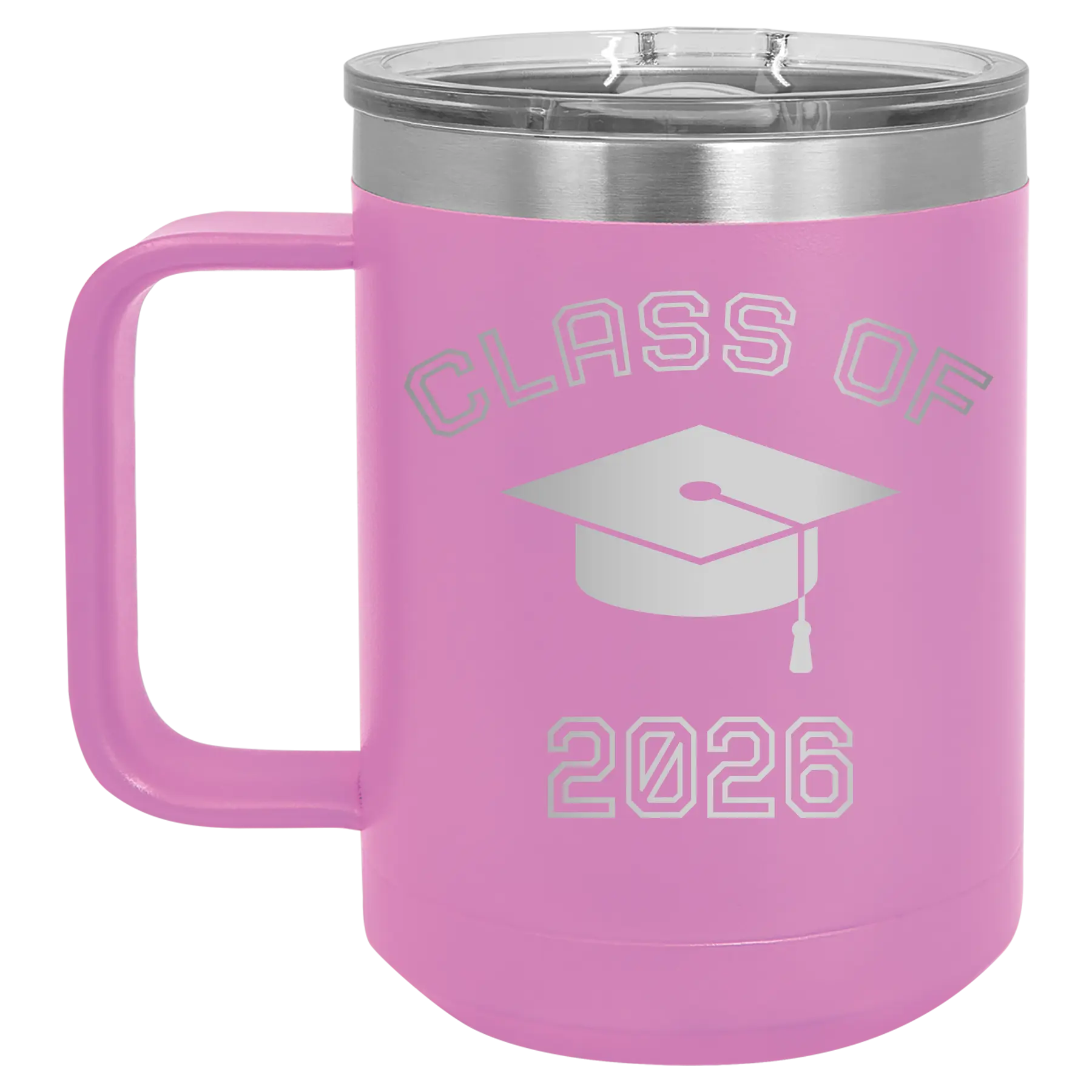 Personalized light purple 15 oz vacuum insulated coffee mug with 'Class of with Cap' design