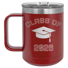Personalized maroon 15 oz vacuum insulated coffee mug with 'Class of with Cap' design