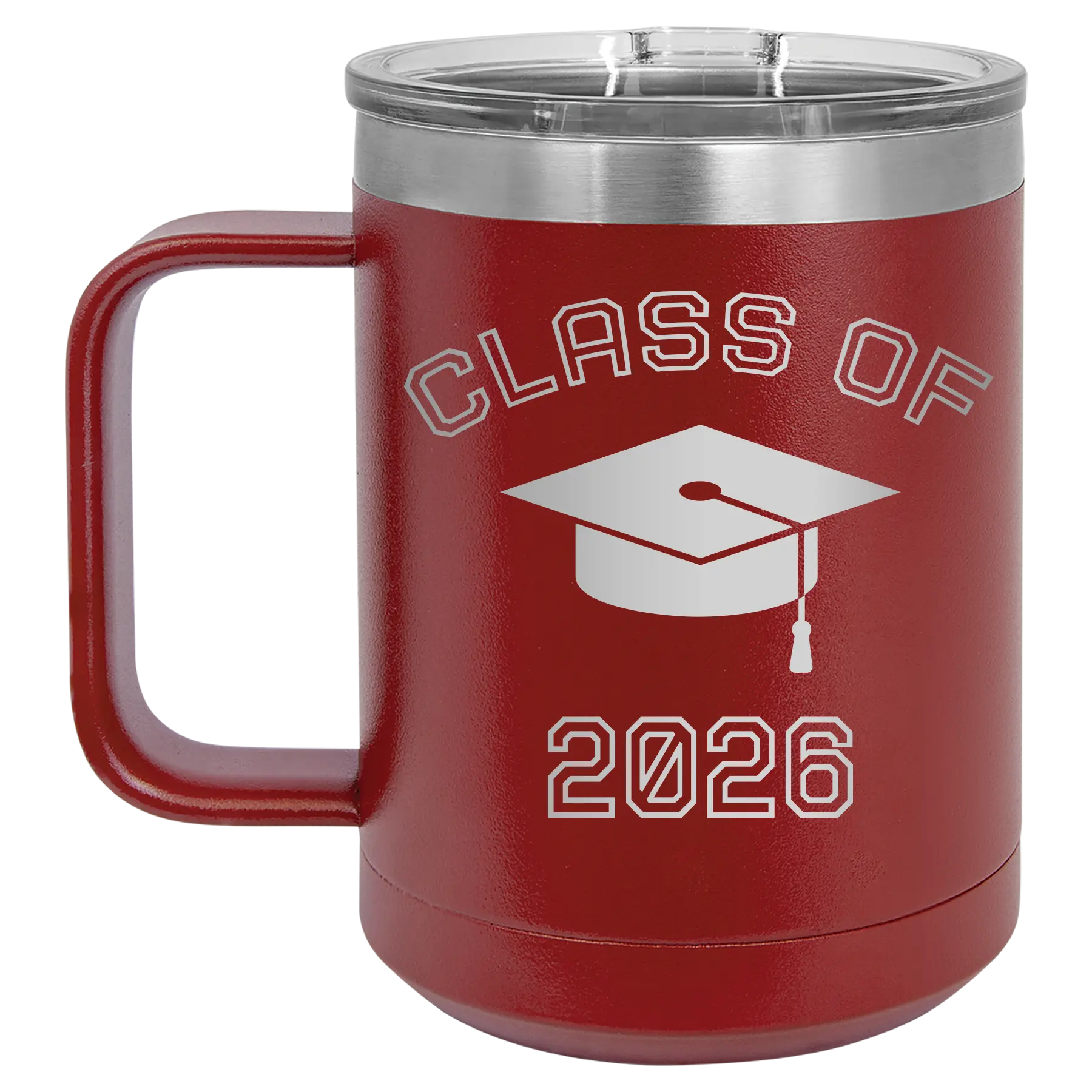 Personalized maroon 15 oz vacuum insulated coffee mug with 'Class of with Cap' design