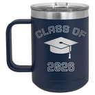 Personalized navy 15 oz vacuum insulated coffee mug with 'Class of with Cap' design
