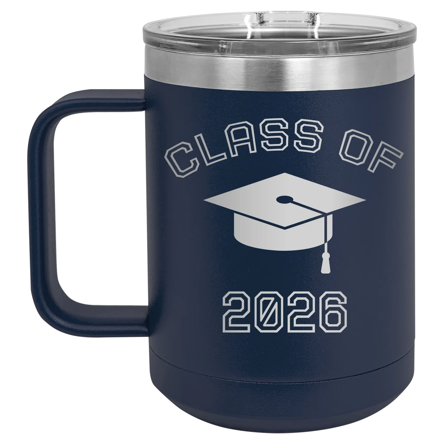 Personalized navy 15 oz vacuum insulated coffee mug with 'Class of with Cap' design