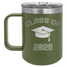 Personalized olive green 15 oz vacuum insulated coffee mug with 'Class of with Cap' design