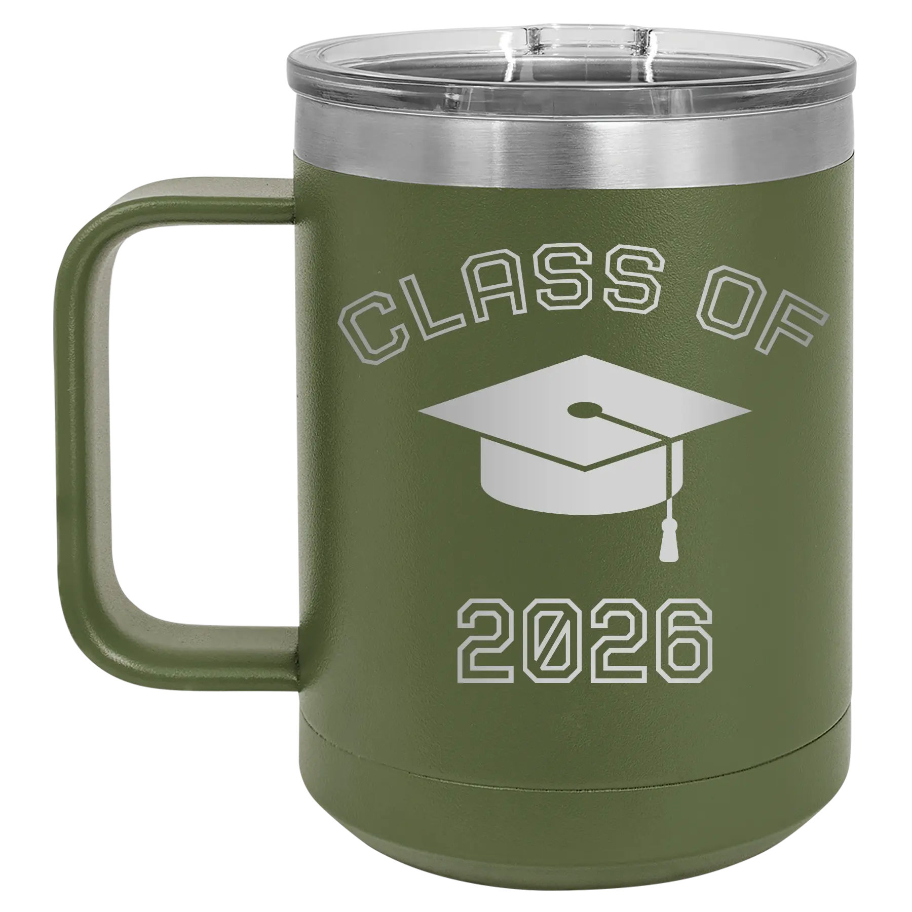 Personalized olive green 15 oz vacuum insulated coffee mug with 'Class of with Cap' design