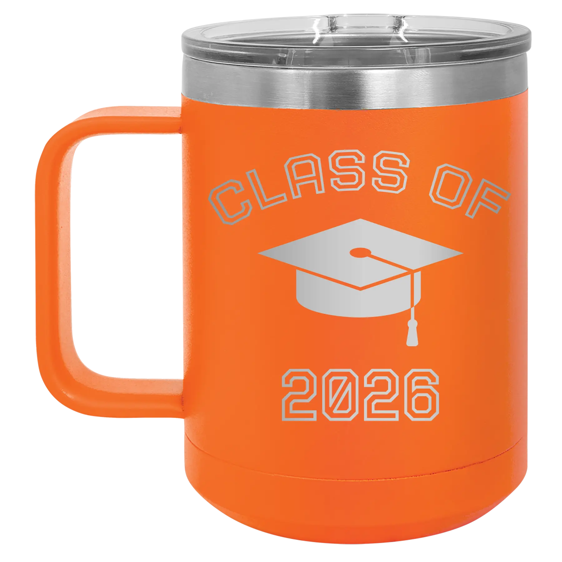 Personalized orange 15 oz vacuum insulated coffee mug with 'Class of with Cap' design