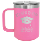 Personalized pink 15 oz vacuum insulated coffee mug with 'Class of with Cap' design