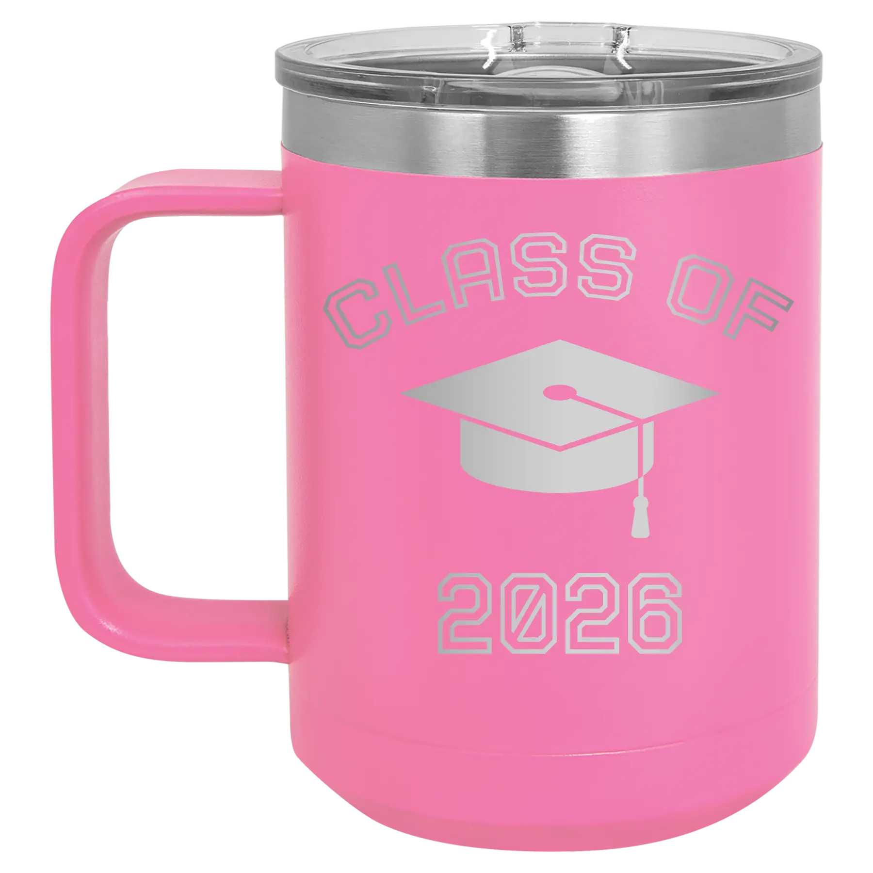 Personalized pink 15 oz vacuum insulated coffee mug with 'Class of with Cap' design