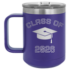 Personalized purple 15 oz vacuum insulated coffee mug with 'Class of with Cap' design