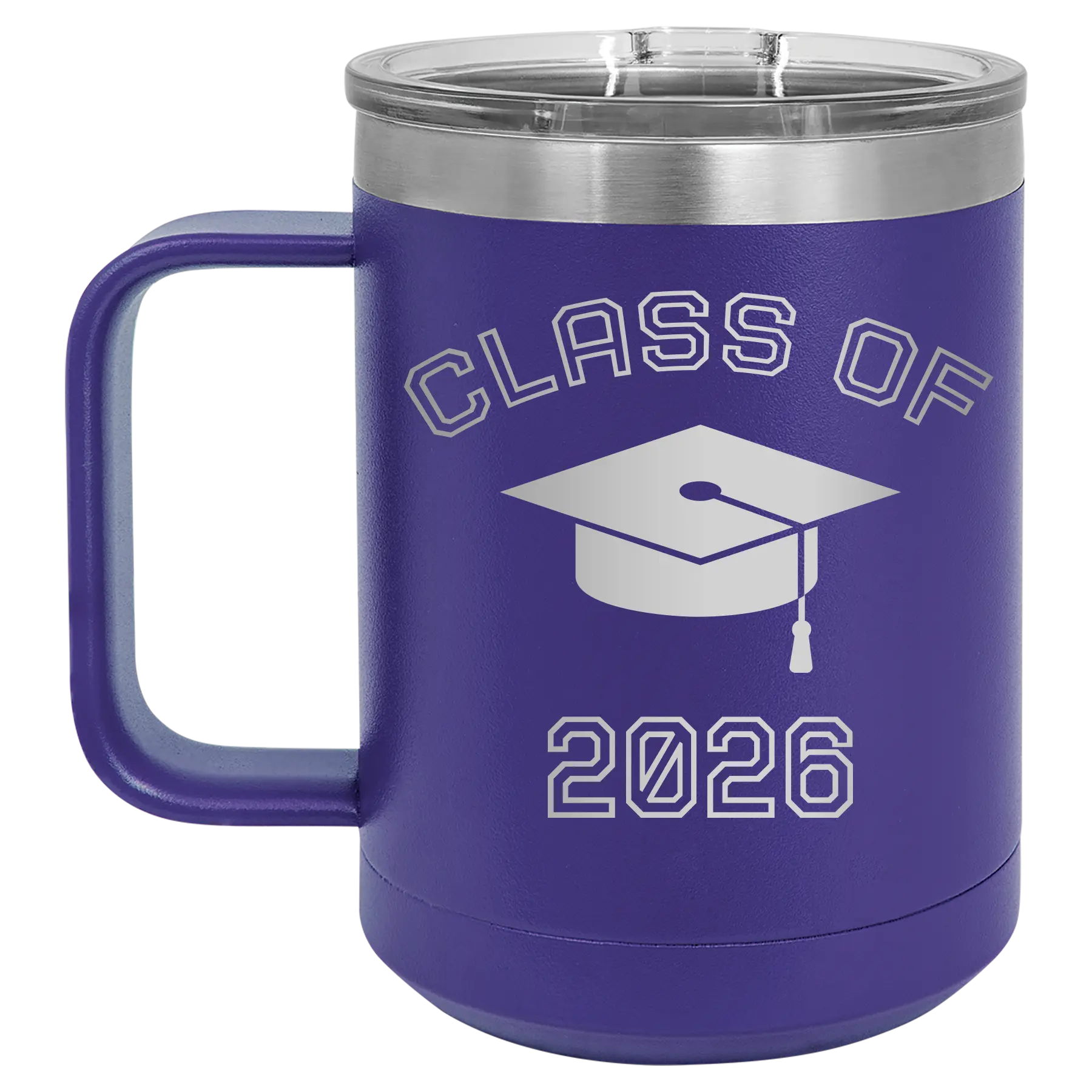 Personalized purple 15 oz vacuum insulated coffee mug with 'Class of with Cap' design