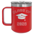 Personalized red 15 oz vacuum insulated coffee mug with 'Class of with Cap' design