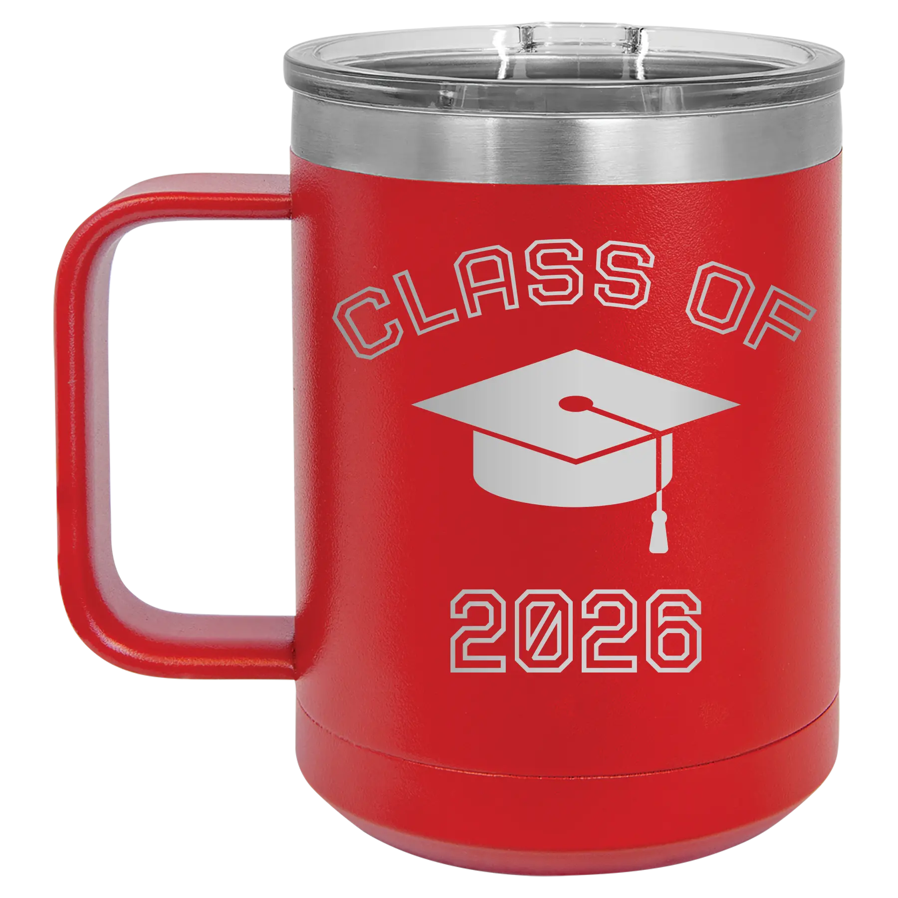 Personalized red 15 oz vacuum insulated coffee mug with 'Class of with Cap' design