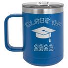 Personalized royal blue 15 oz vacuum insulated coffee mug with 'Class of with Cap' design