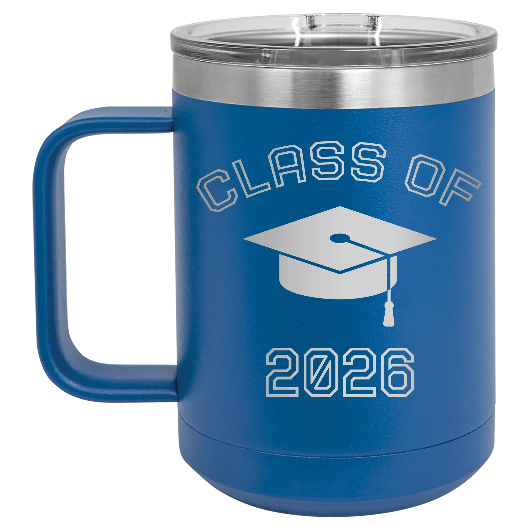 Personalized royal blue 15 oz vacuum insulated coffee mug with 'Class of with Cap' design