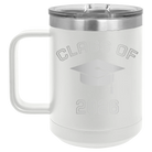 Personalized white 15 oz vacuum insulated coffee mug with 'Class of with Cap' design