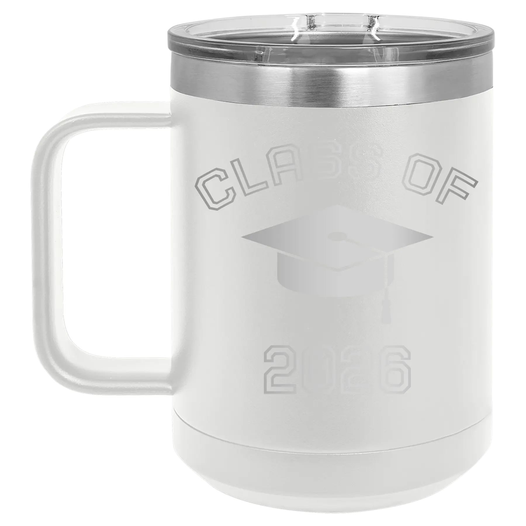 Personalized white 15 oz vacuum insulated coffee mug with 'Class of with Cap' design