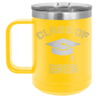 Personalized yellow 15 oz vacuum insulated coffee mug with 'Class of with Cap' design