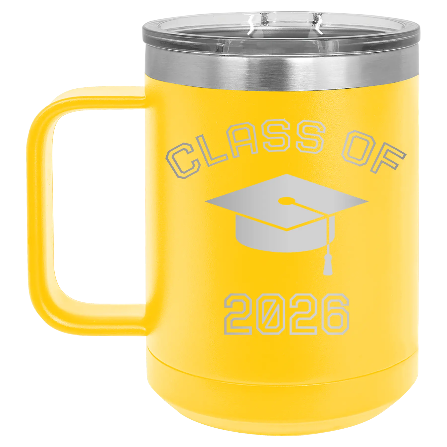 Personalized yellow 15 oz vacuum insulated coffee mug with 'Class of with Cap' design