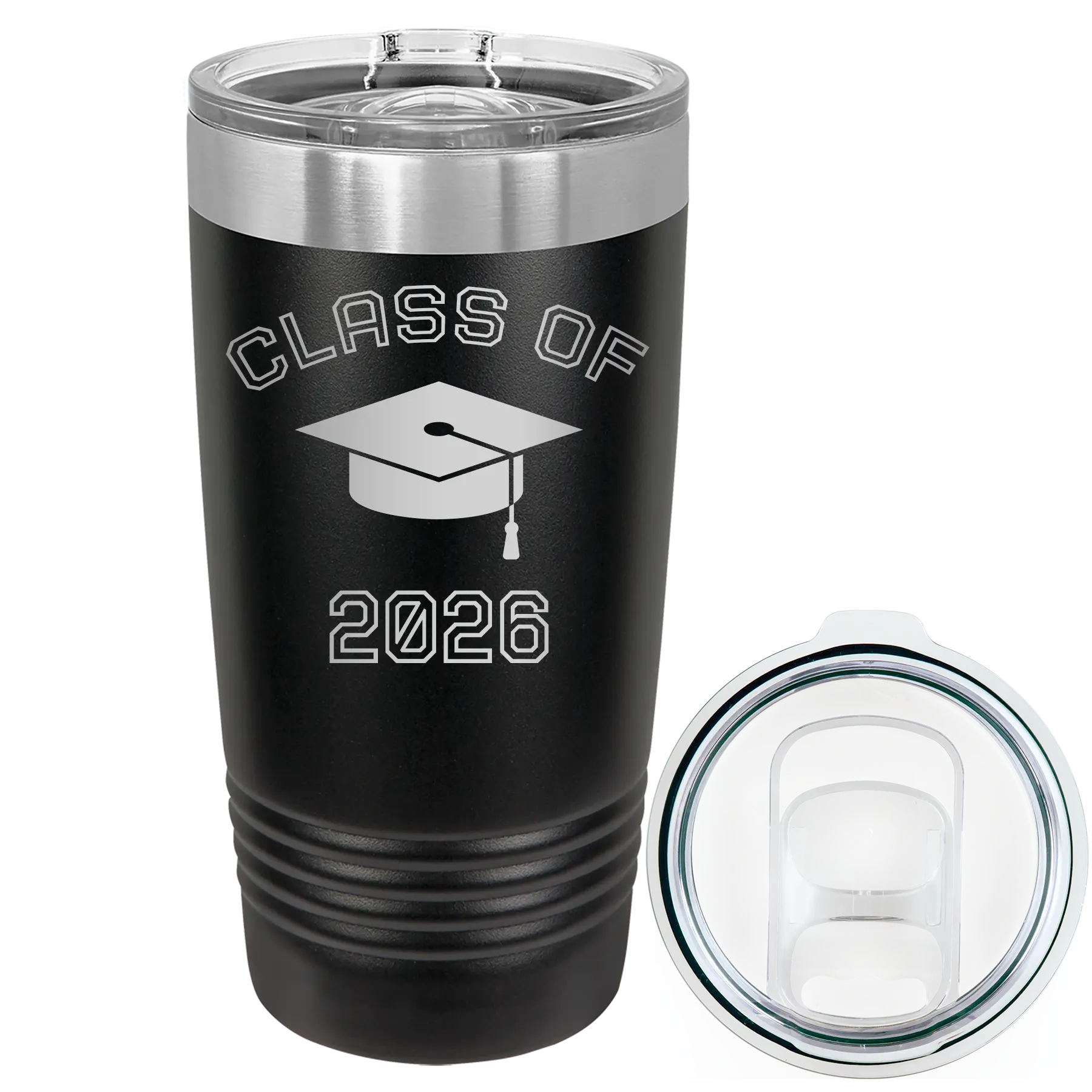 Personalized black 20 oz vacuum insulated tumbler with 'Class of with Cap' design