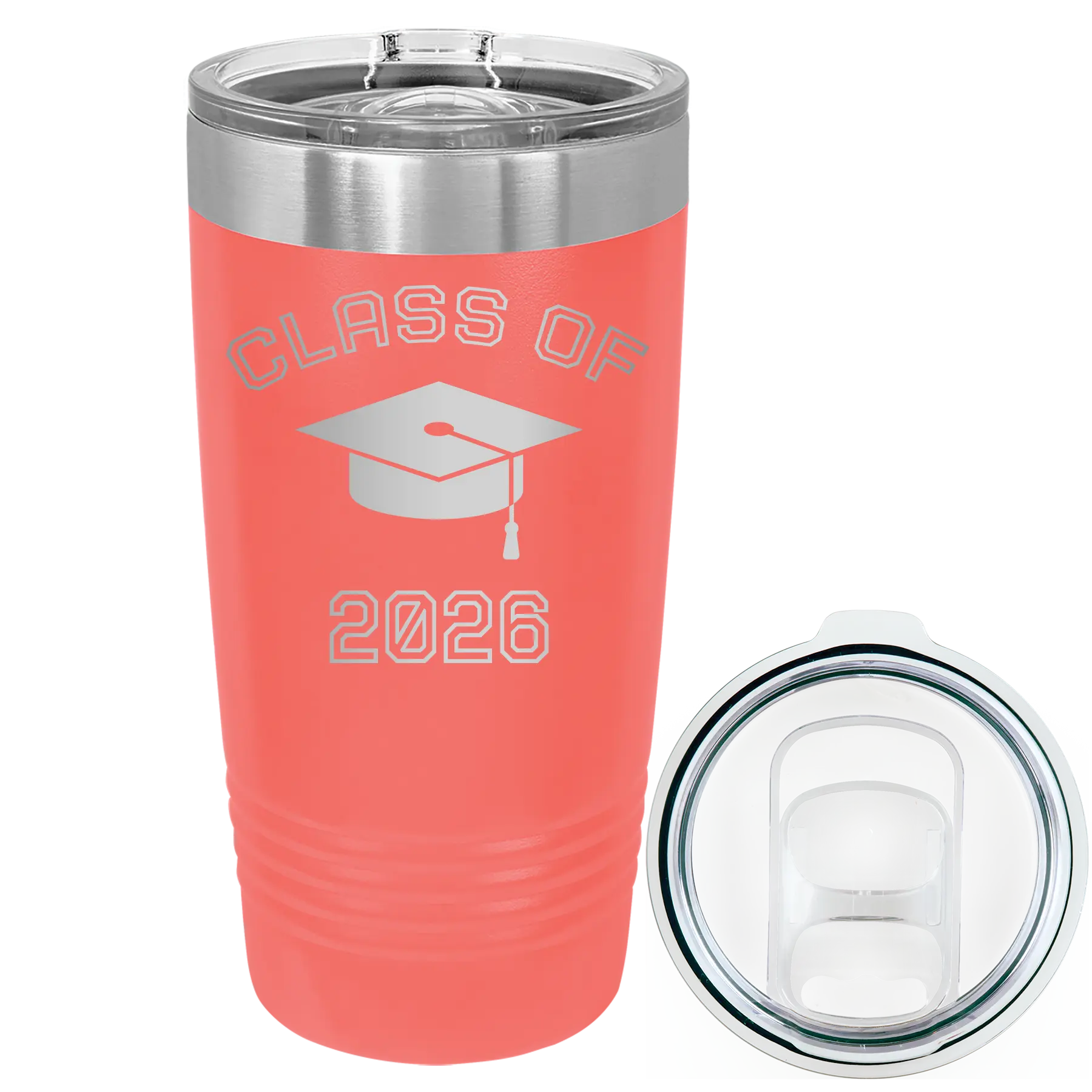 Personalized coral 20 oz vacuum insulated tumbler with 'Class of with Cap' design