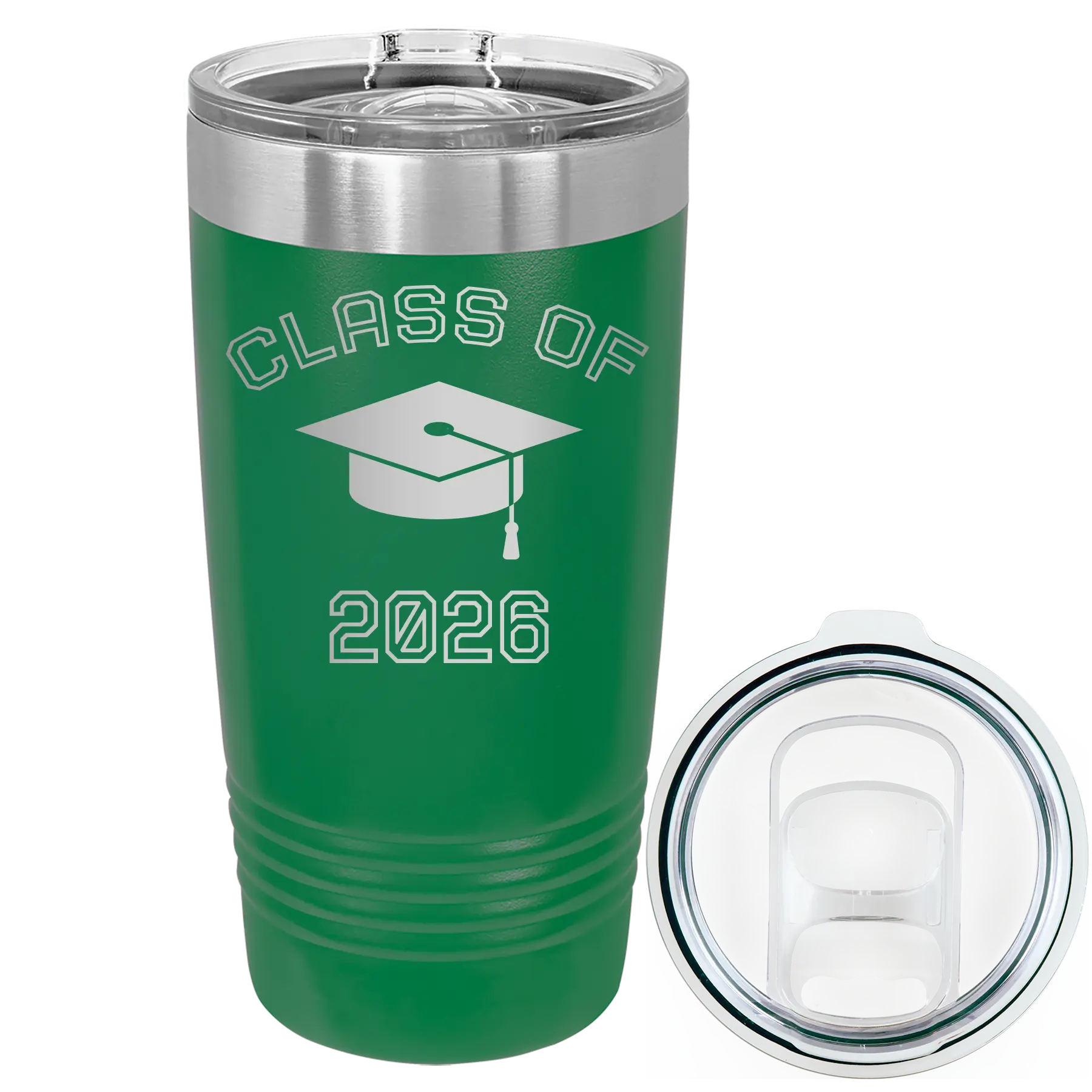 Personalized green 20 oz vacuum insulated tumbler with 'Class of with Cap' design