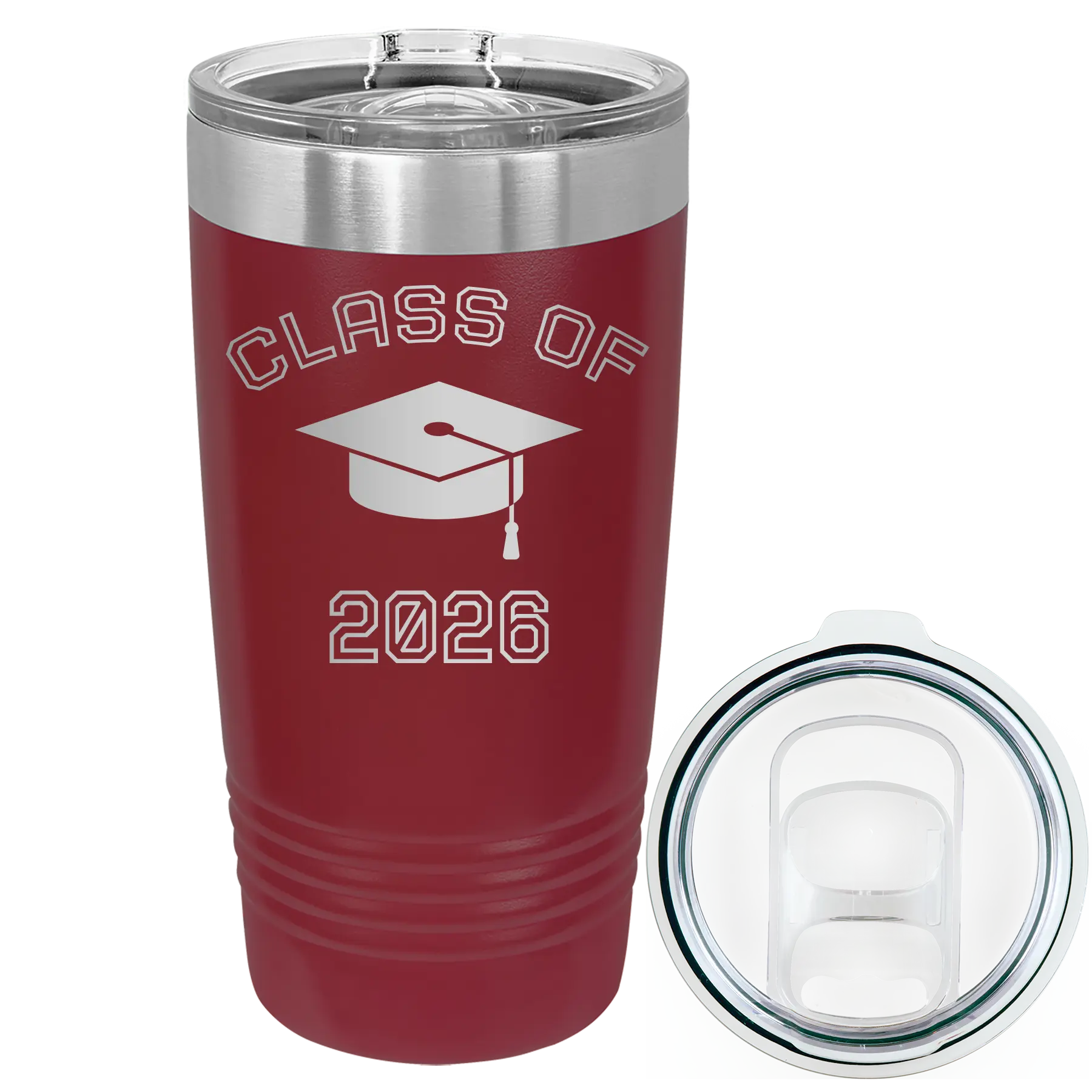 Personalized maroon 20 oz vacuum insulated tumbler with 'Class of with Cap' design