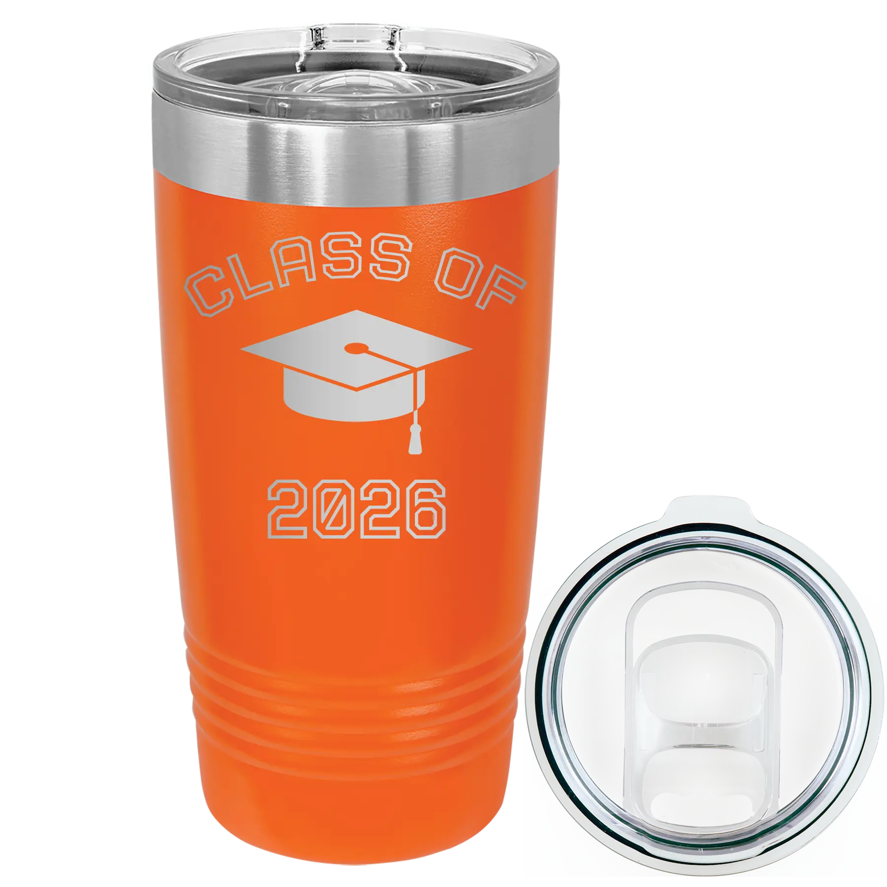 Personalized orange 20 oz vacuum insulated tumbler with 'Class of with Cap' design