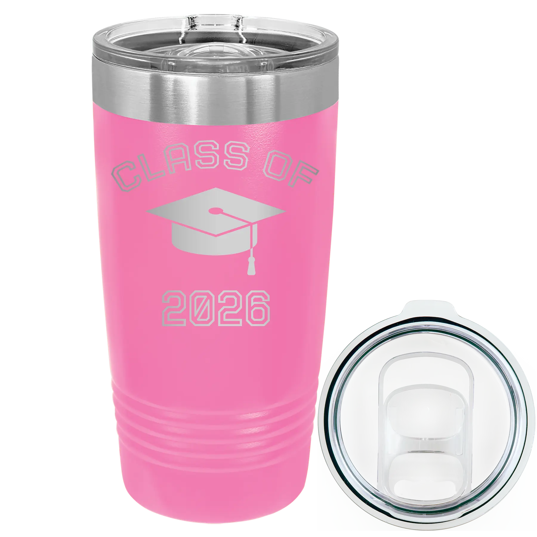 Personalized pink 20 oz vacuum insulated tumbler with 'Class of with Cap' design