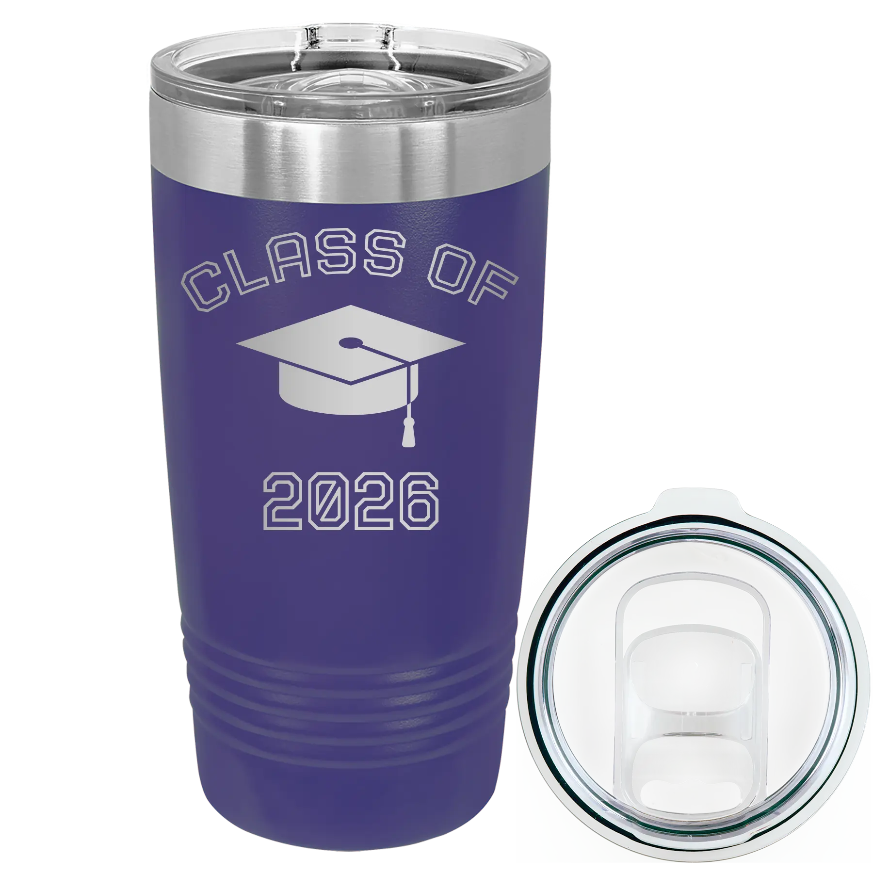 Personalized purple 20 oz vacuum insulated tumbler with 'Class of with Cap' design