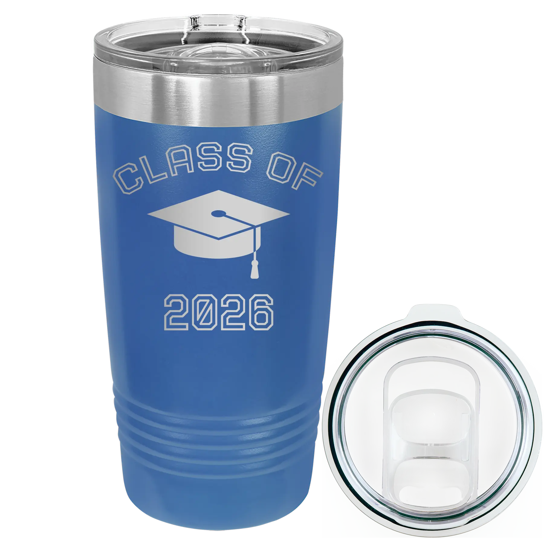 Personalized royal blue 20 oz vacuum insulated tumbler with 'Class of with Cap' design
