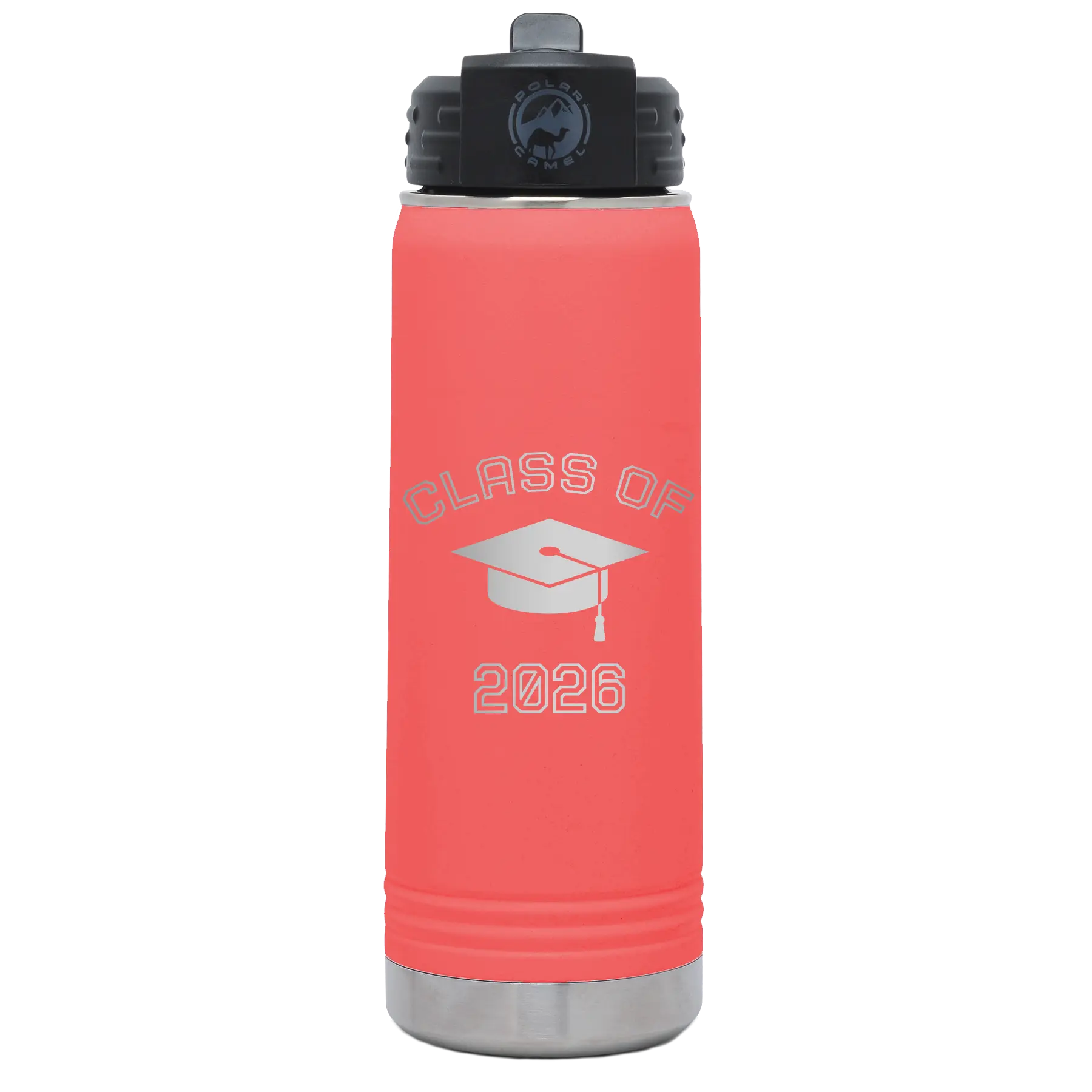 Personalized coral 20 oz vacuum insulated water bottle with 'Class of with Cap' design