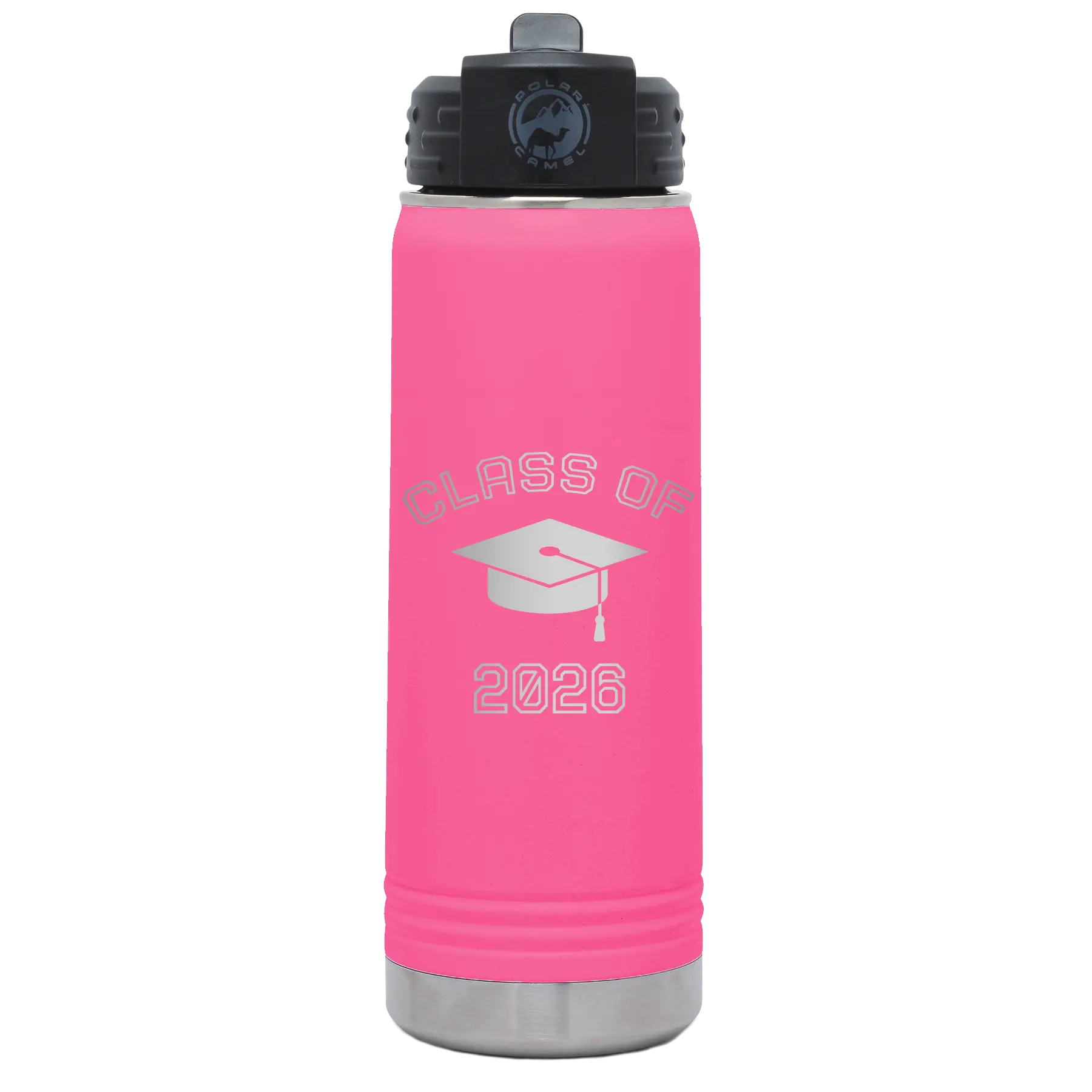Personalized pink 20 oz vacuum insulated water bottle with 'Class of with Cap' design