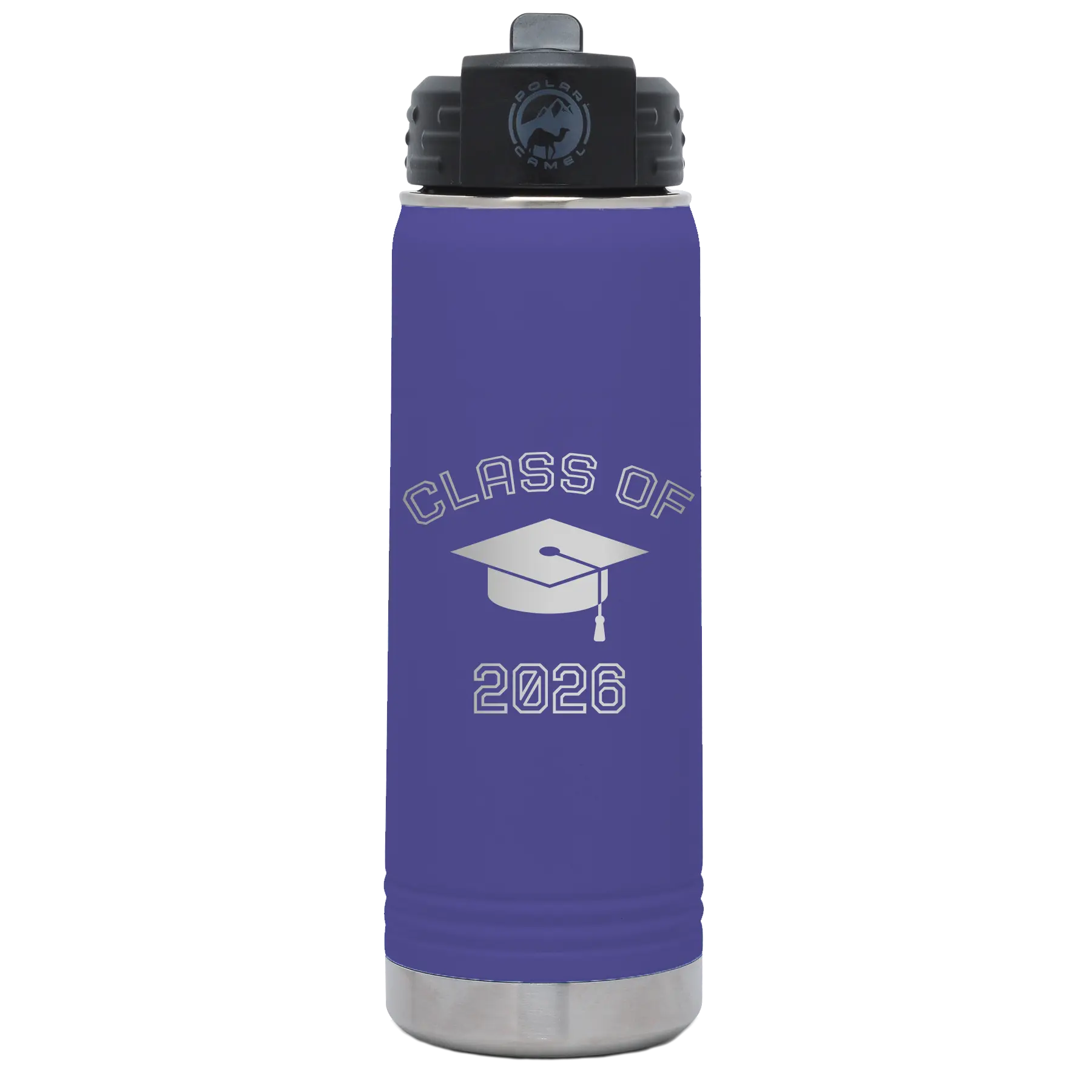 Personalized purple 20 oz vacuum insulated water bottle with 'Class of with Cap' design