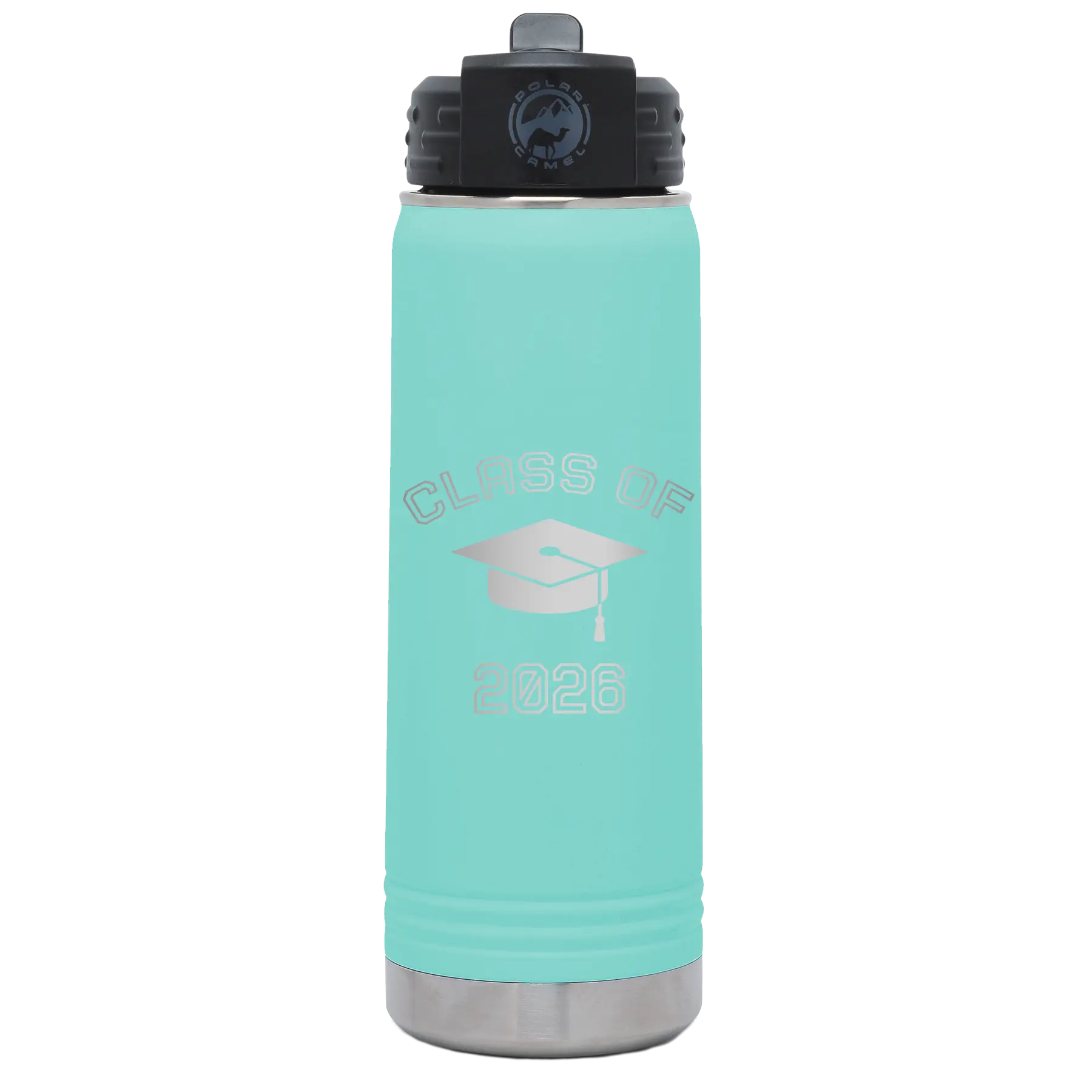 Personalized teal 20 oz vacuum insulated water bottle with 'Class of with Cap' design