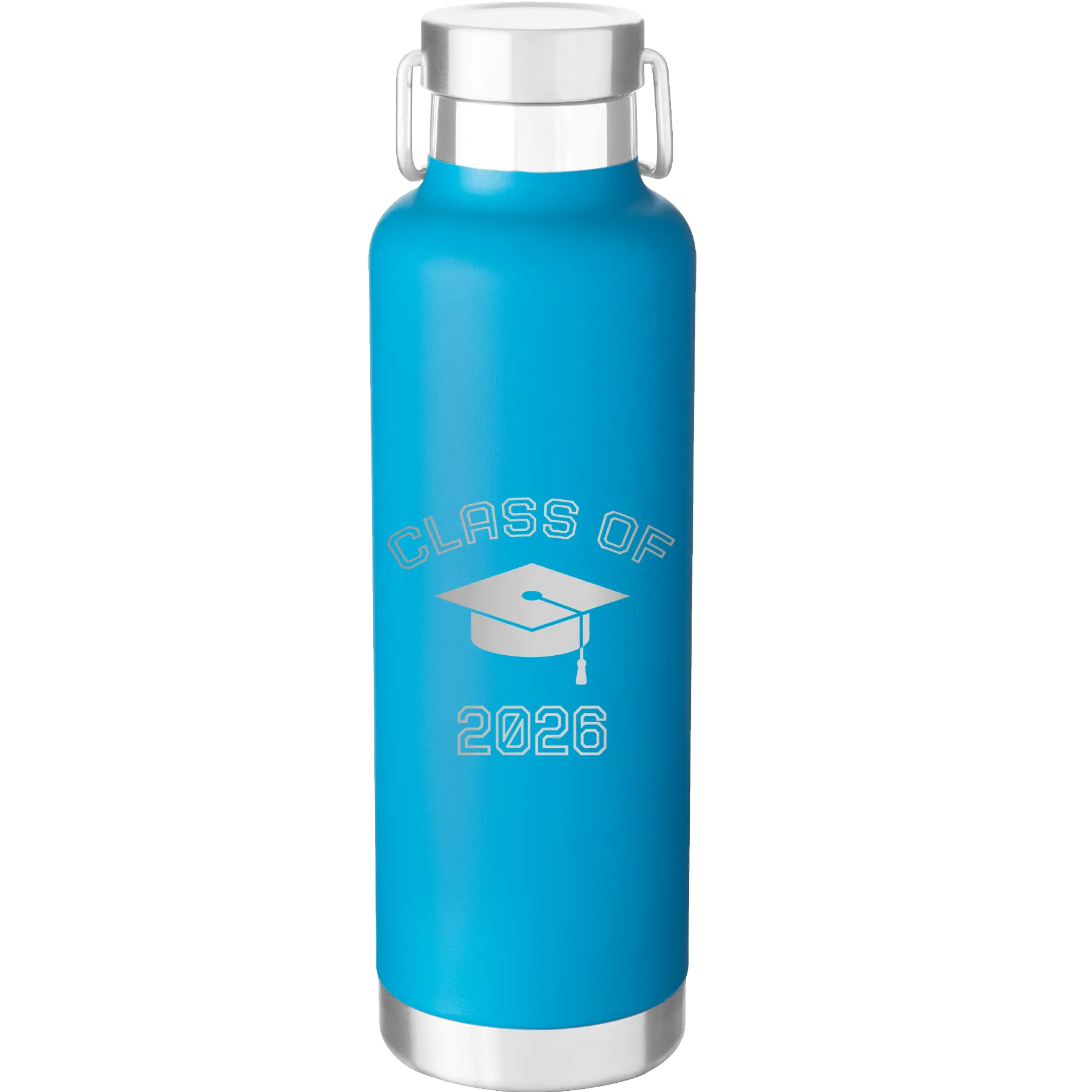 Personalized aqua 24 oz vacuum insulated water bottle with 'Class of with Cap' design