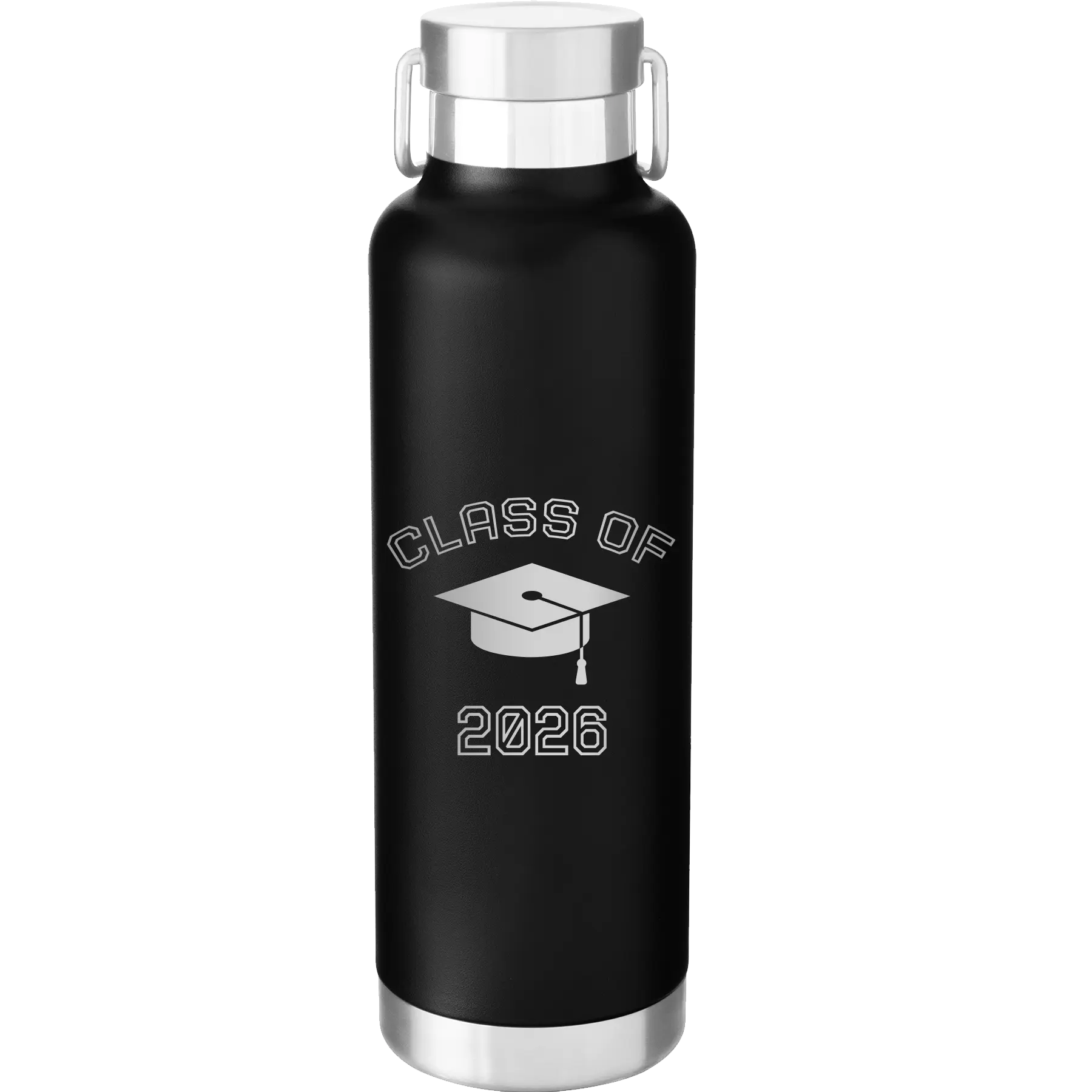Personalized black 24 oz vacuum insulated water bottle with 'Class of with Cap' design