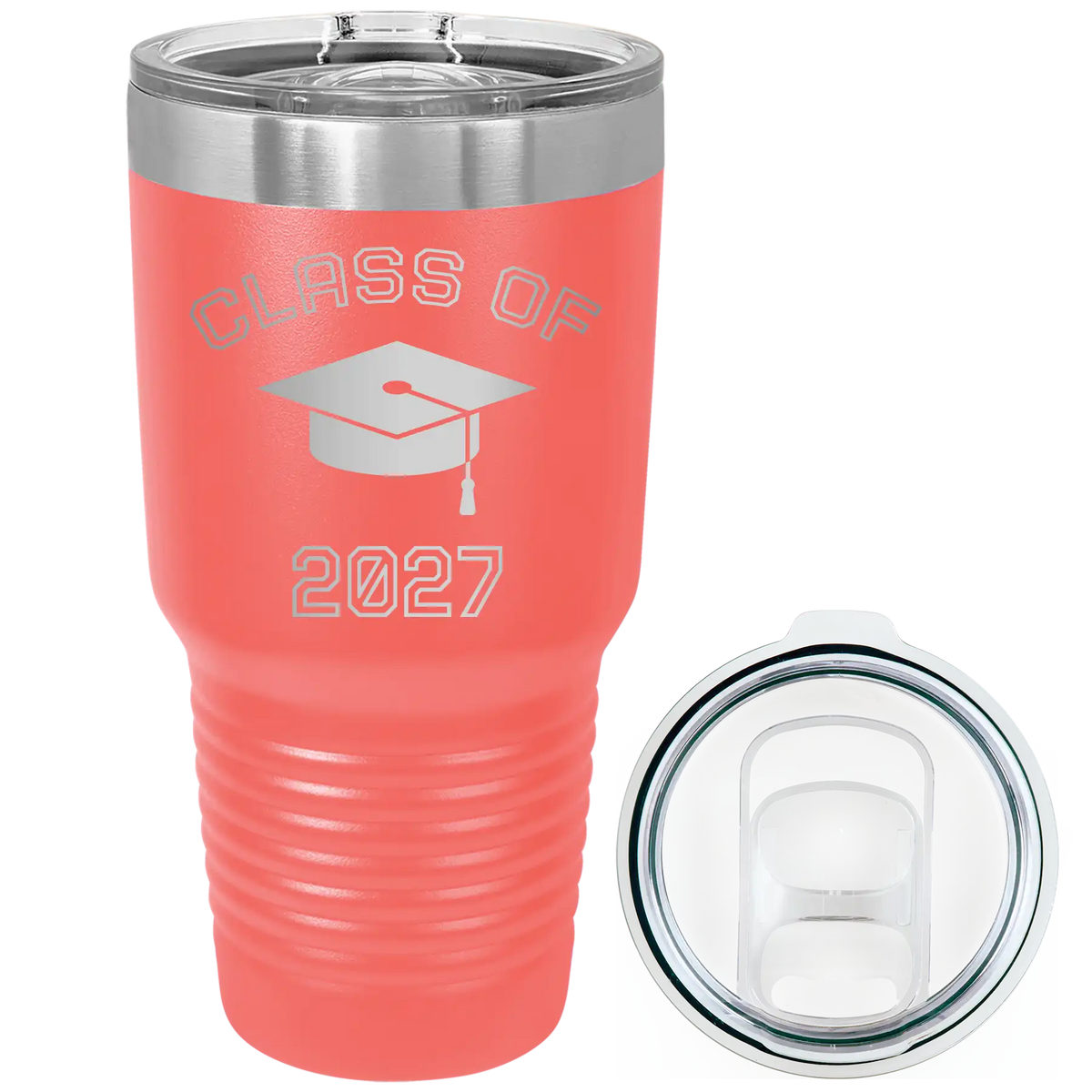 Personalized coral 30 oz vacuum insulated tumbler with 'Class of with Cap' design