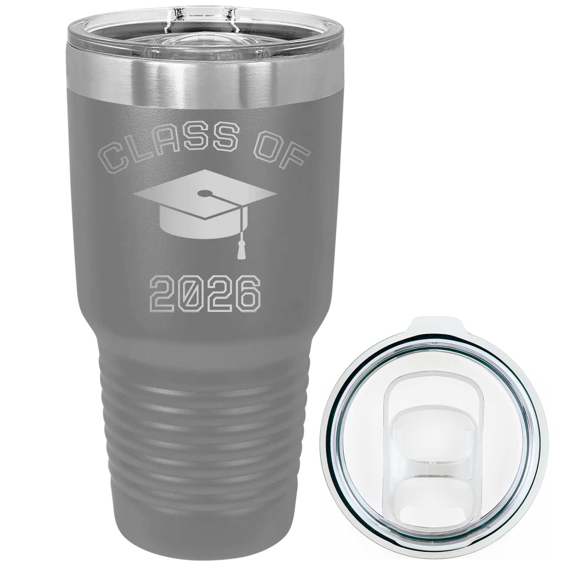 Personalized dark gray 30 oz vacuum insulated tumbler with 'Class of with Cap' design