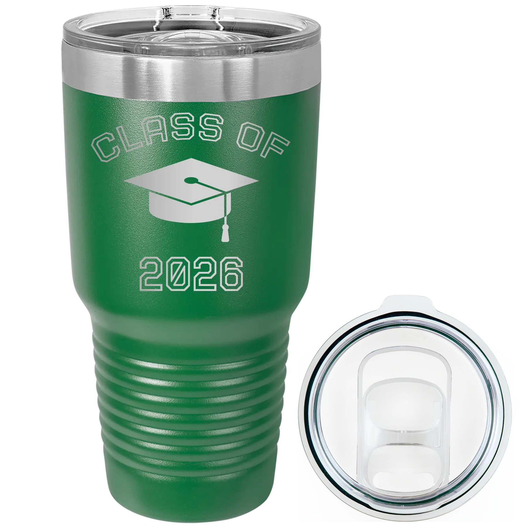 Personalized green 30 oz vacuum insulated tumbler with 'Class of with Cap' design