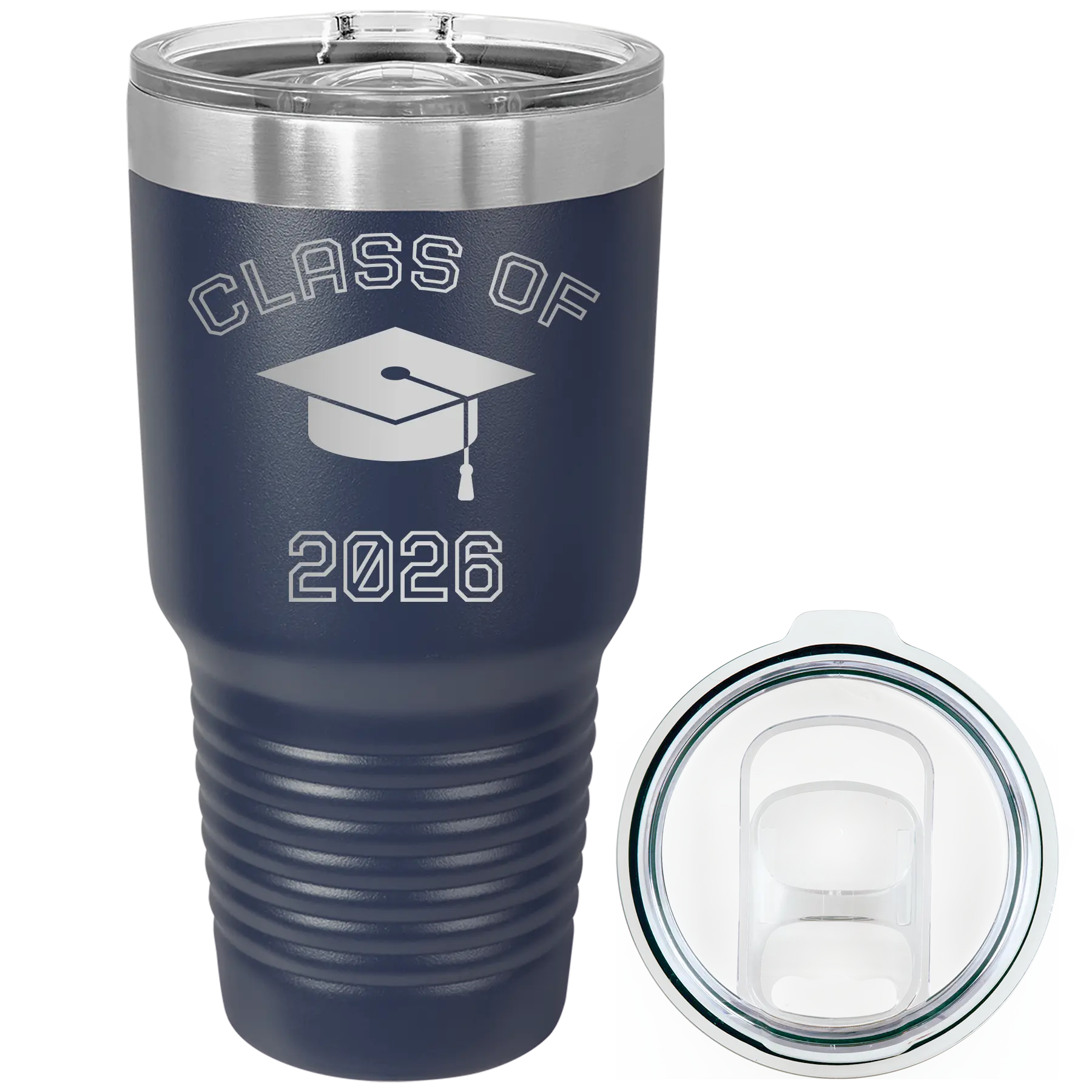 Personalized navy 30 oz vacuum insulated tumbler with 'Class of with Cap' design