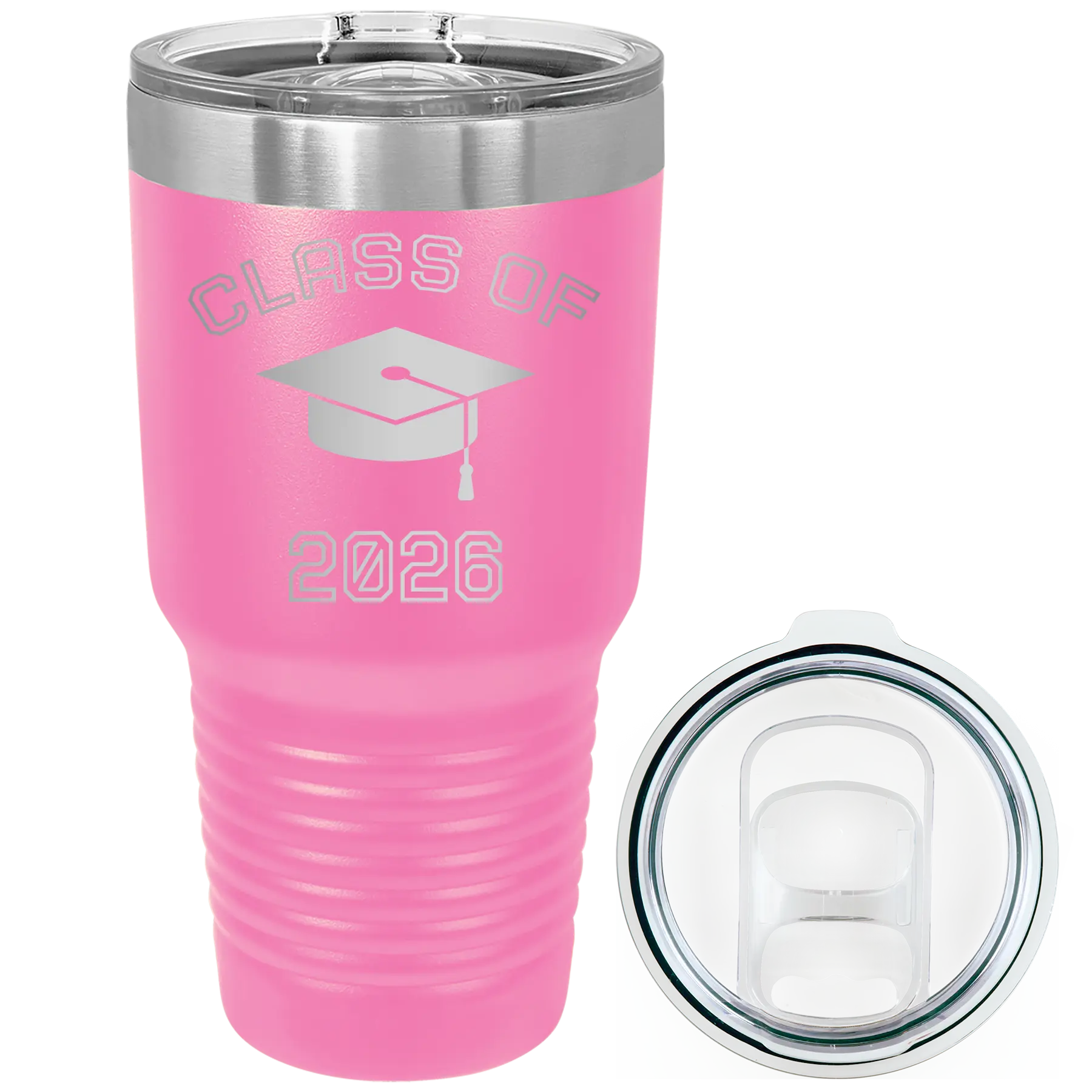 Personalized pink 30 oz vacuum insulated tumbler with 'Class of with Cap' design