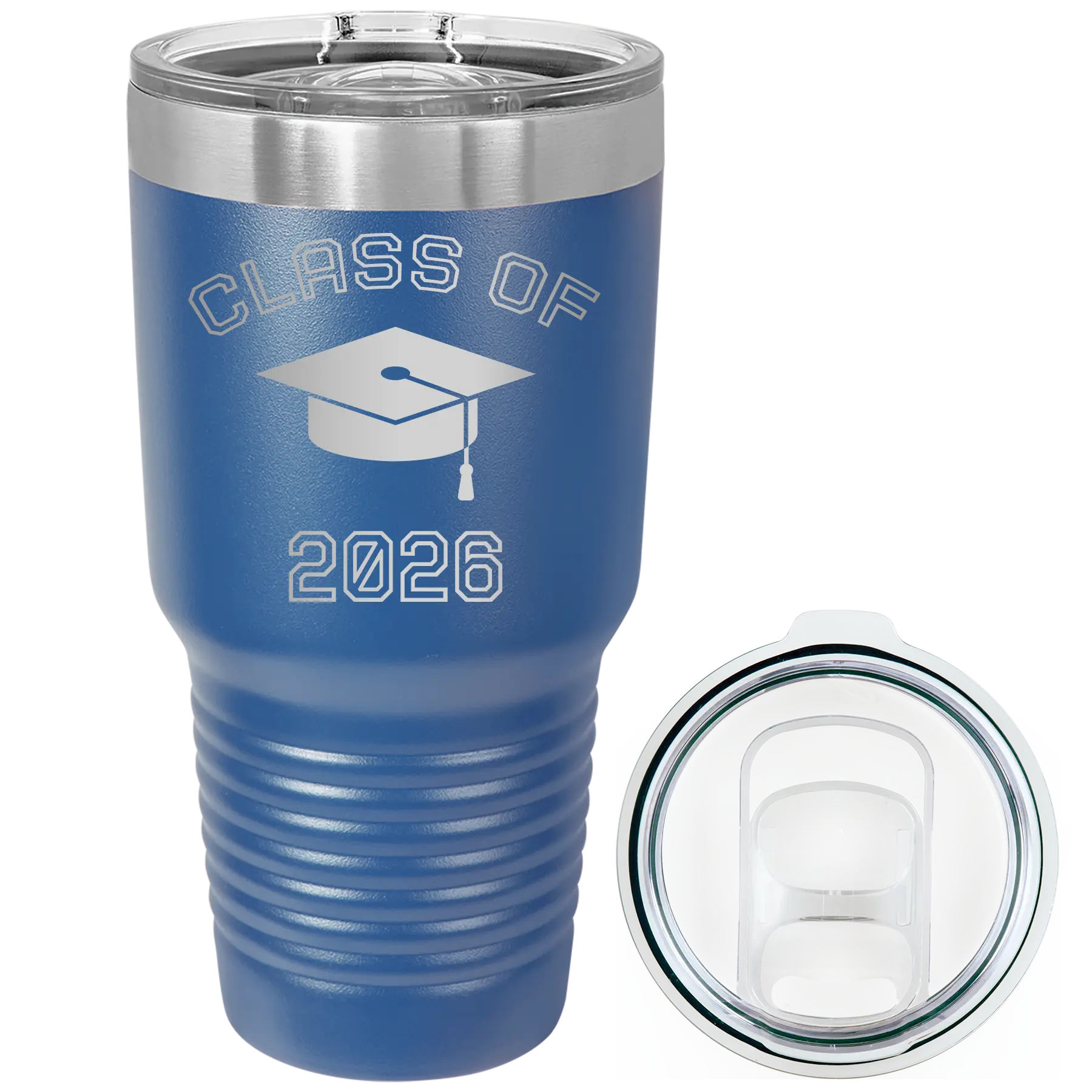 Personalized royal blue 30 oz vacuum insulated tumbler with 'Class of with Cap' design