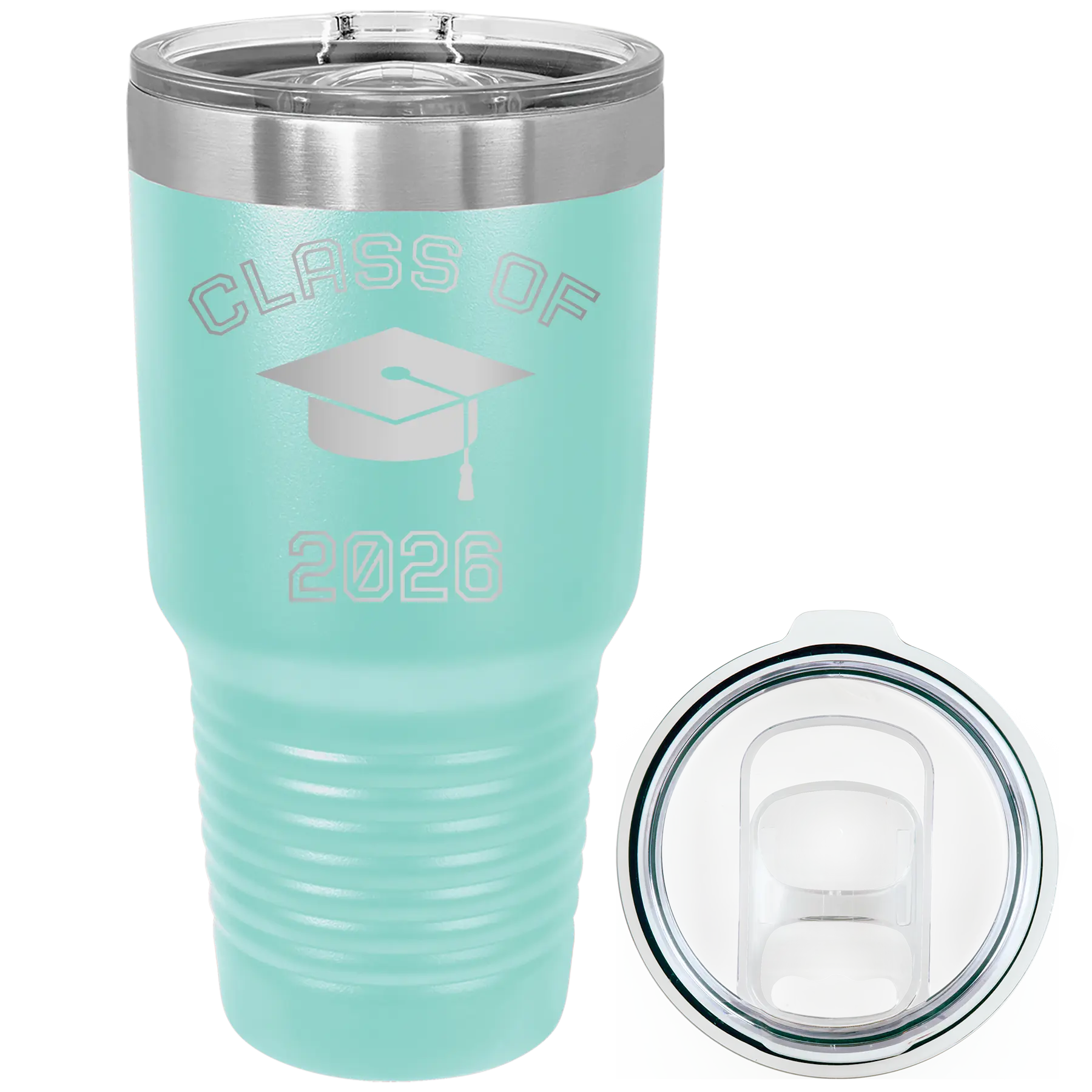 Personalized teal 30 oz vacuum insulated tumbler with 'Class of with Cap' design