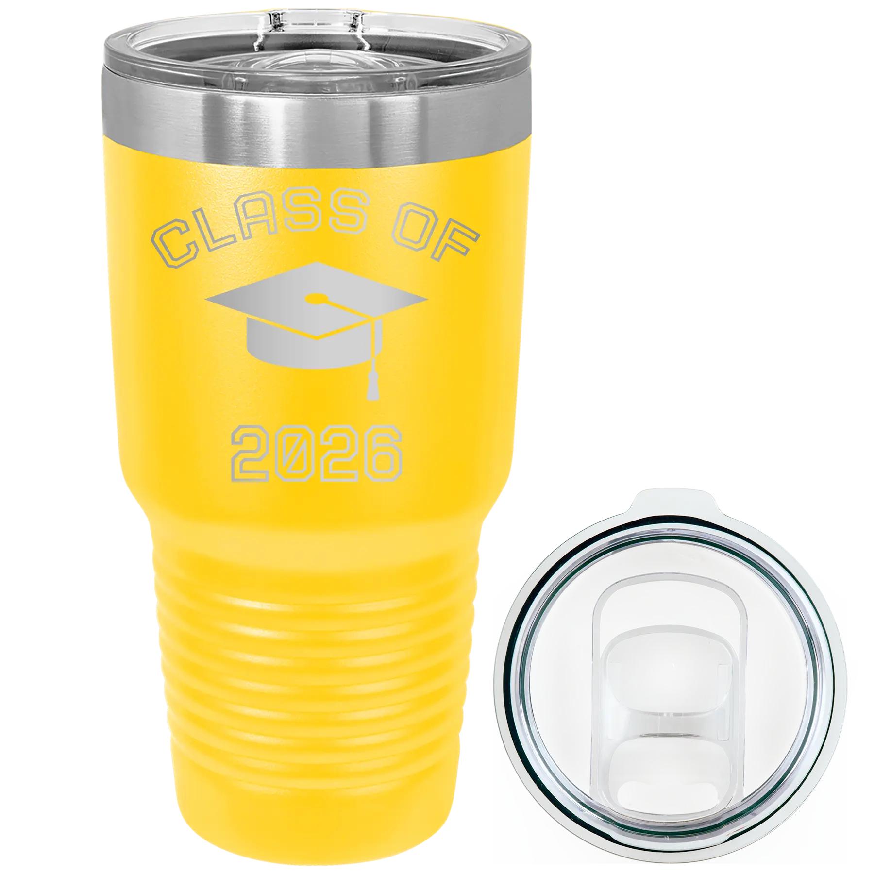 Personalized yellow 30 oz vacuum insulated tumbler with 'Class of with Cap' design