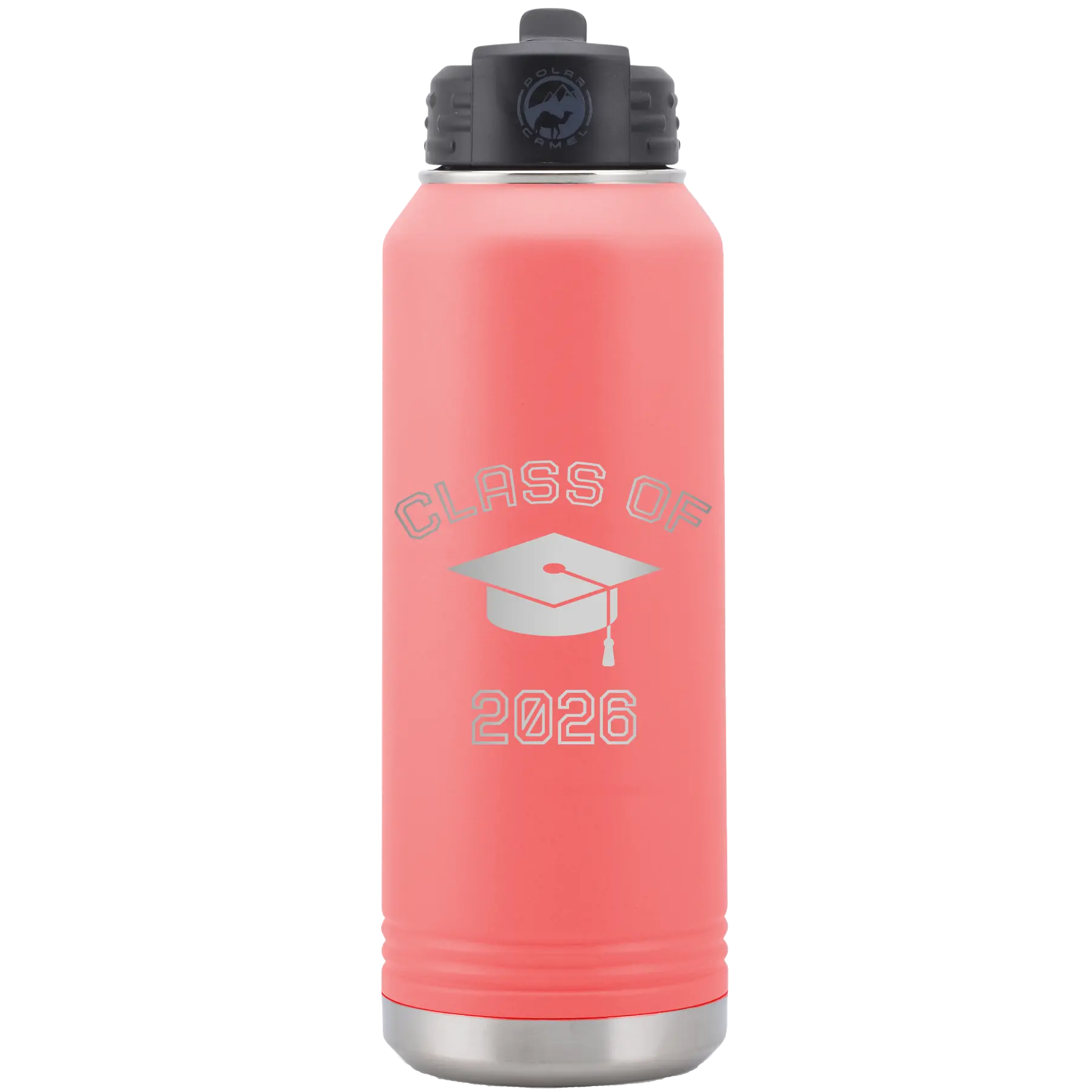 Personalized coral 32 oz vacuum insulated water bottle with 'Class of with Cap' design