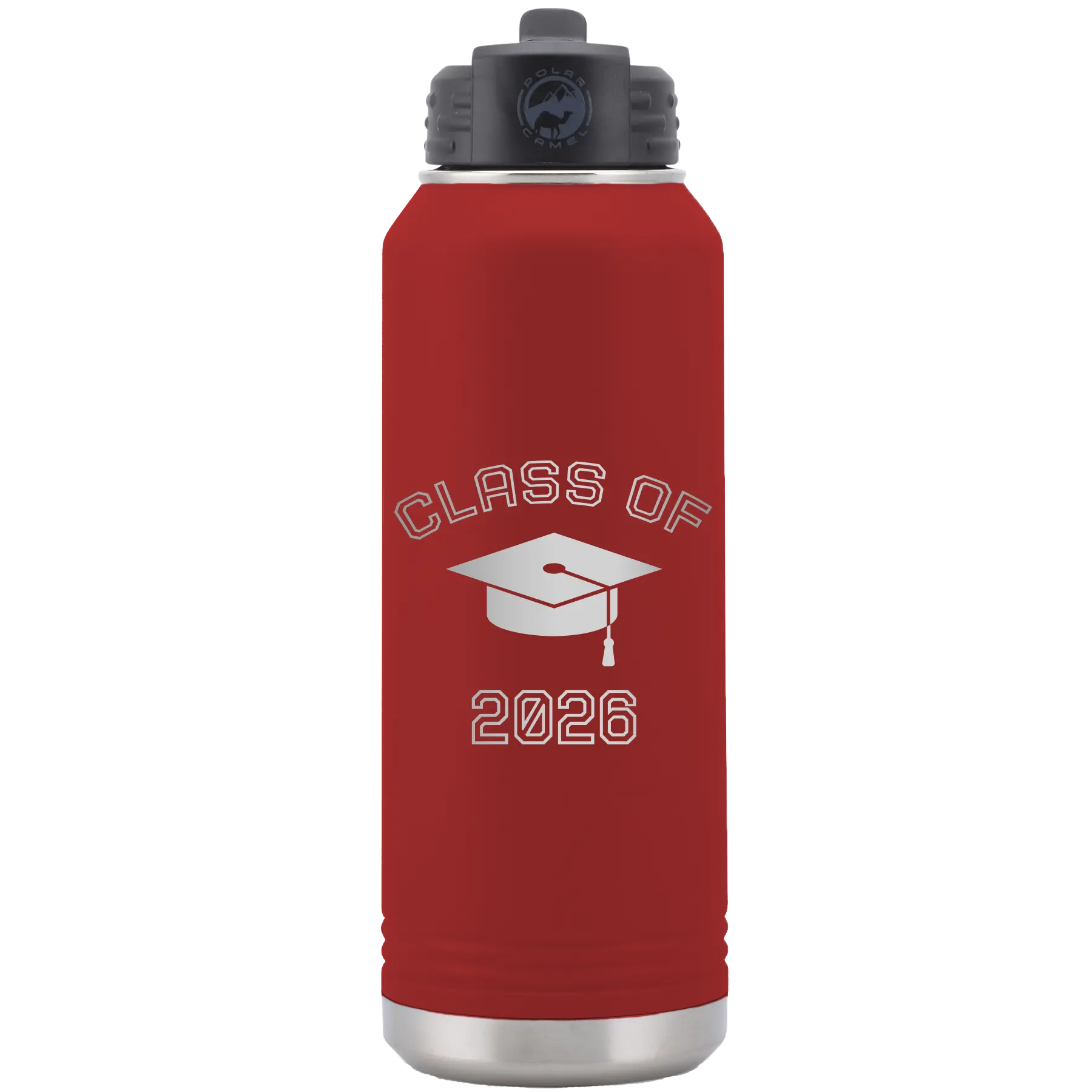 Personalized maroon 32 oz vacuum insulated water bottle with 'Class of with Cap' design