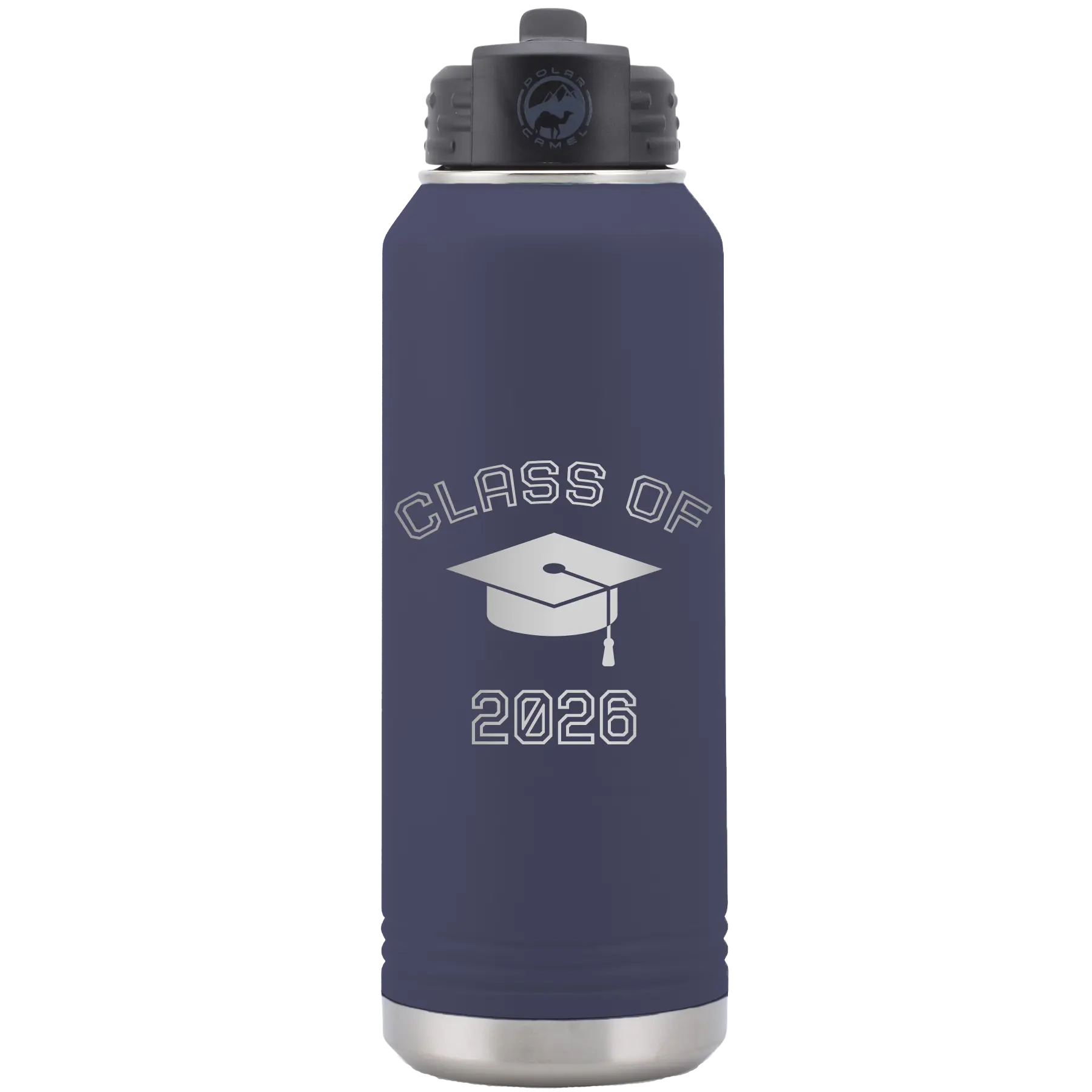 Personalized navy 32 oz vacuum insulated water bottle with 'Class of with Cap' design