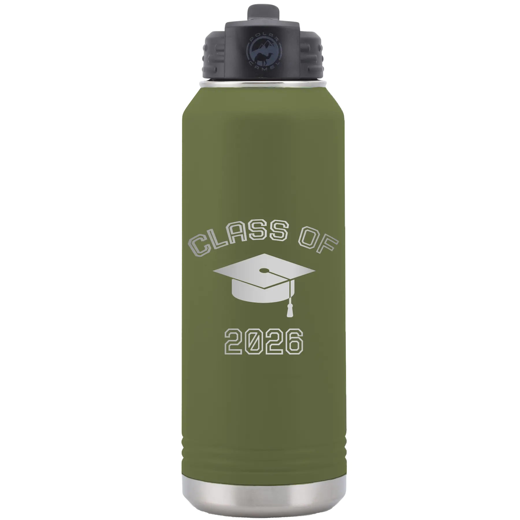 Personalized olive green 32 oz vacuum insulated water bottle with 'Class of with Cap' design