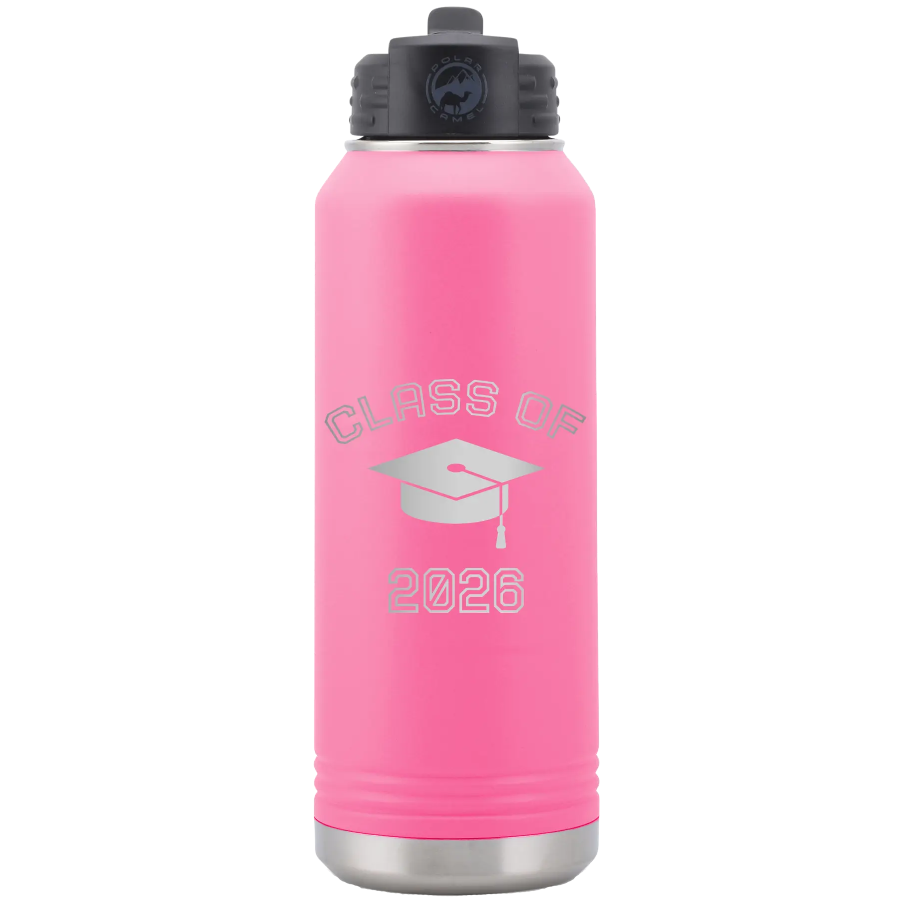 Personalized pink 32 oz vacuum insulated water bottle with 'Class of with Cap' design