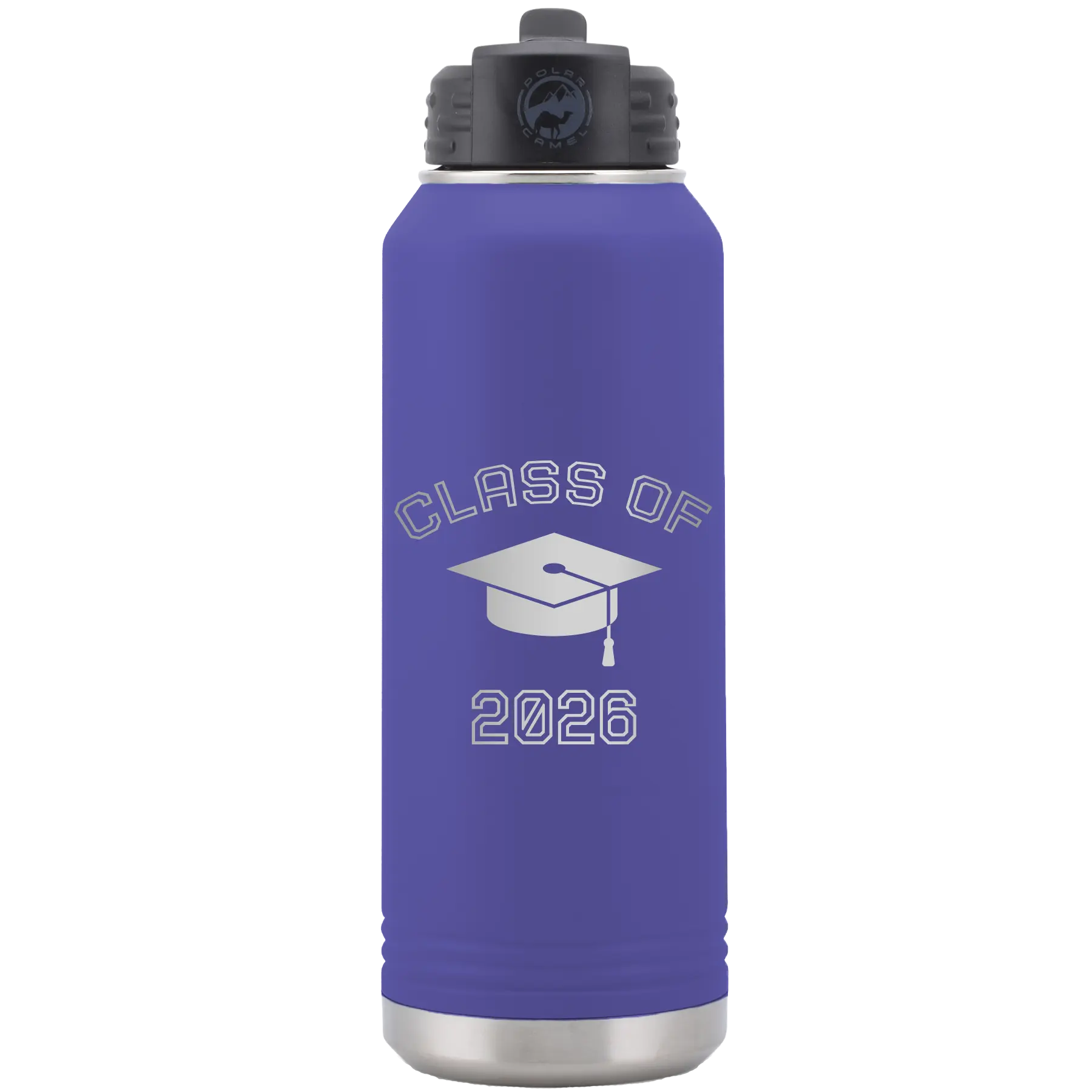 Personalized purple 32 oz vacuum insulated water bottle with 'Class of with Cap' design